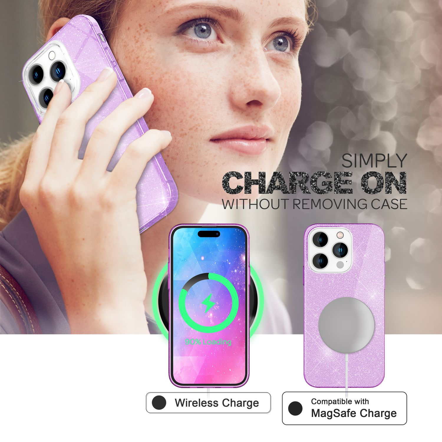 Una mujer sosteniendo un teléfono con una funda, con gráficos de carga inalámbrica y MagSafe.