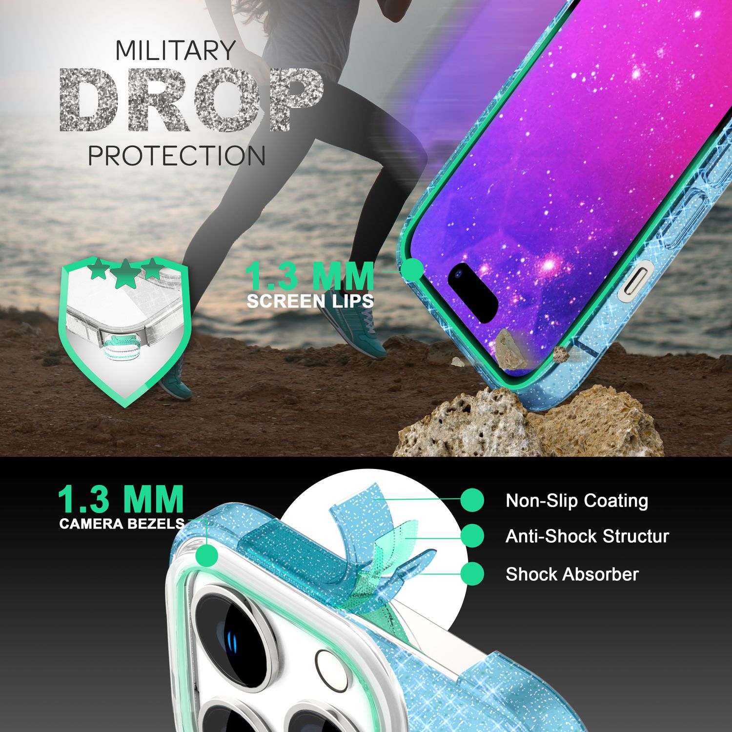 Funda para teléfono con funciones de protección, texto sobre protección contra caídas y biseles de cámara, y una pantalla de teléfono.