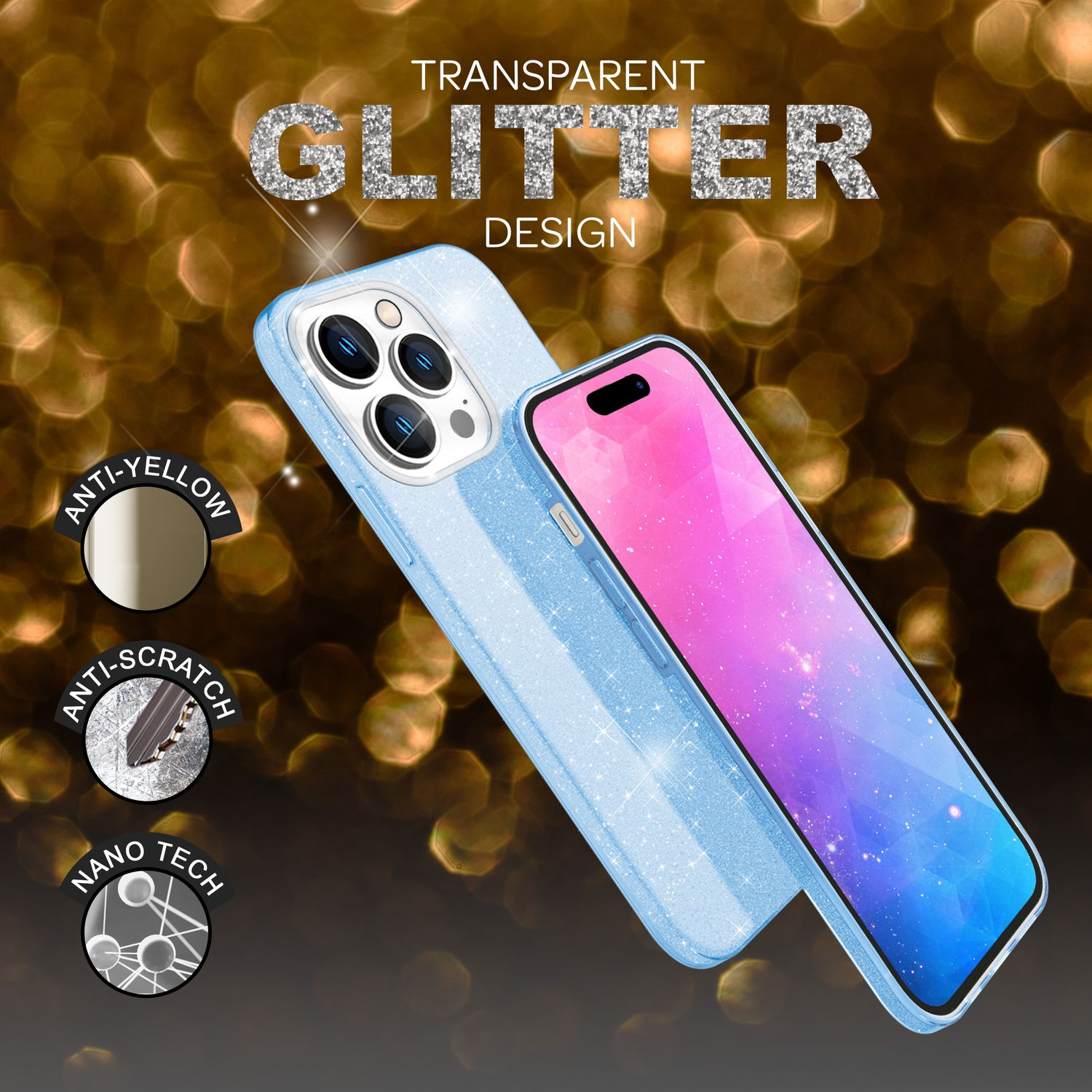 Una funda de teléfono con purpurina azul junto a un teléfono. Gráficos de anti-amarillo, anti-arañazos y nanotecnología.