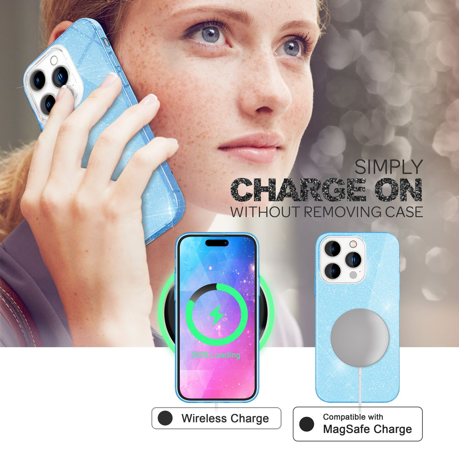 Mujer sosteniendo un teléfono en una funda azul brillante. Gráficos muestran carga inalámbrica y MagSafe.
