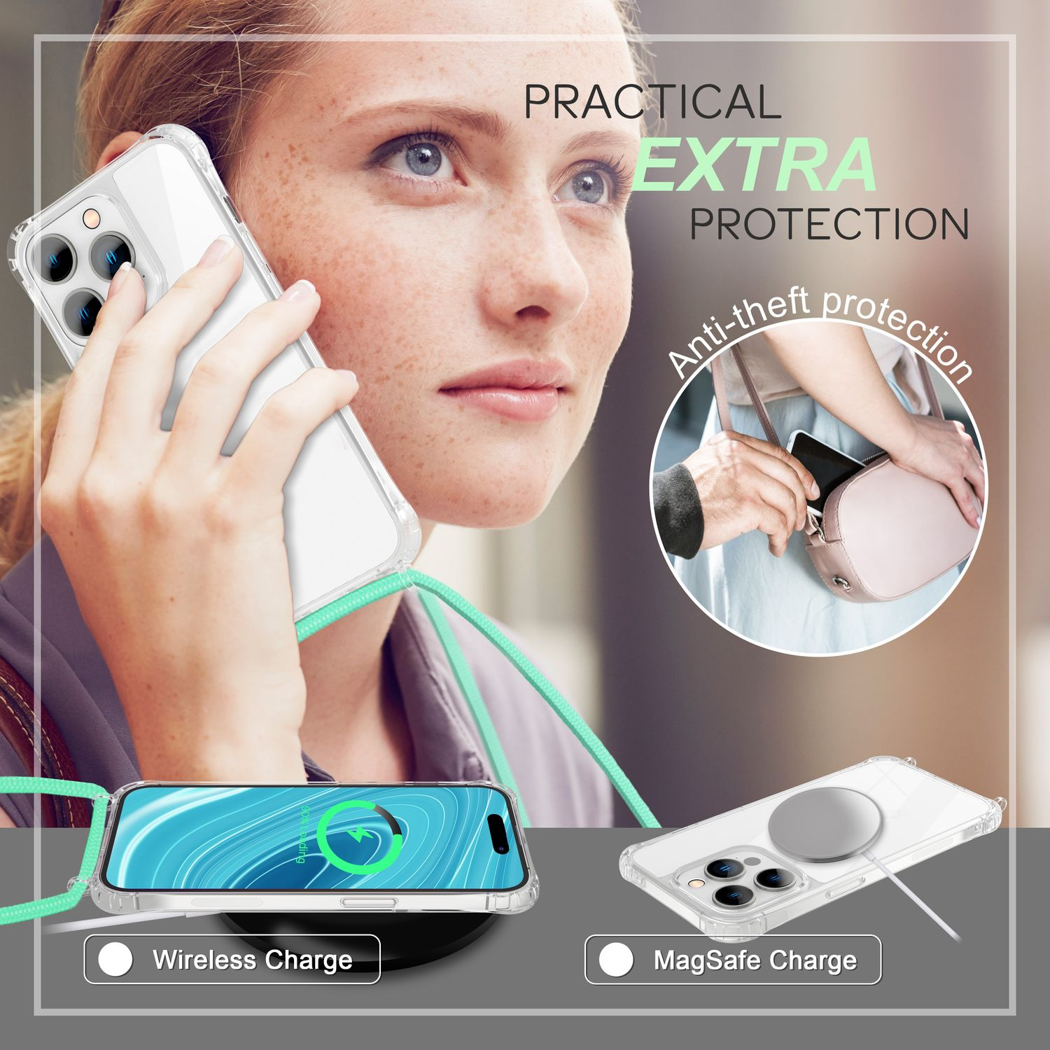 Frau mit Telefon, Hülle, Aufladen. Text lautet 'Praktischer Extraschutz'. Zusätzliche Bilder.