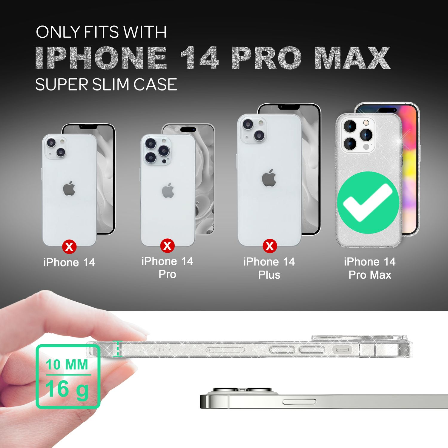 Una pubblicità per una custodia per telefono, che mostra la compatibilità solo con iPhone 14 Pro Max.