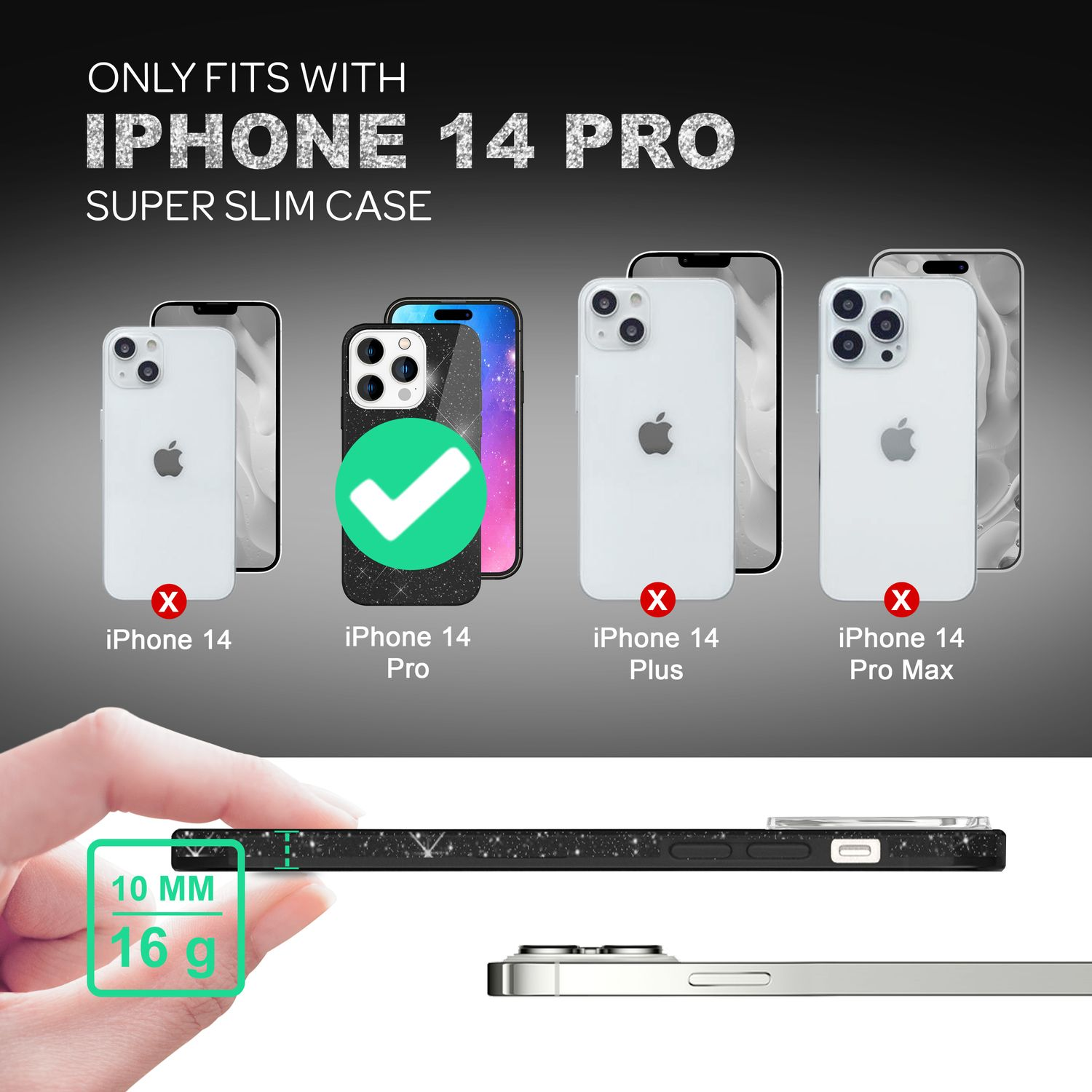 La imagen muestra la compatibilidad de la funda del iPhone 14 Pro. Solo el iPhone 14 Pro es compatible. Otros modelos están tachados.