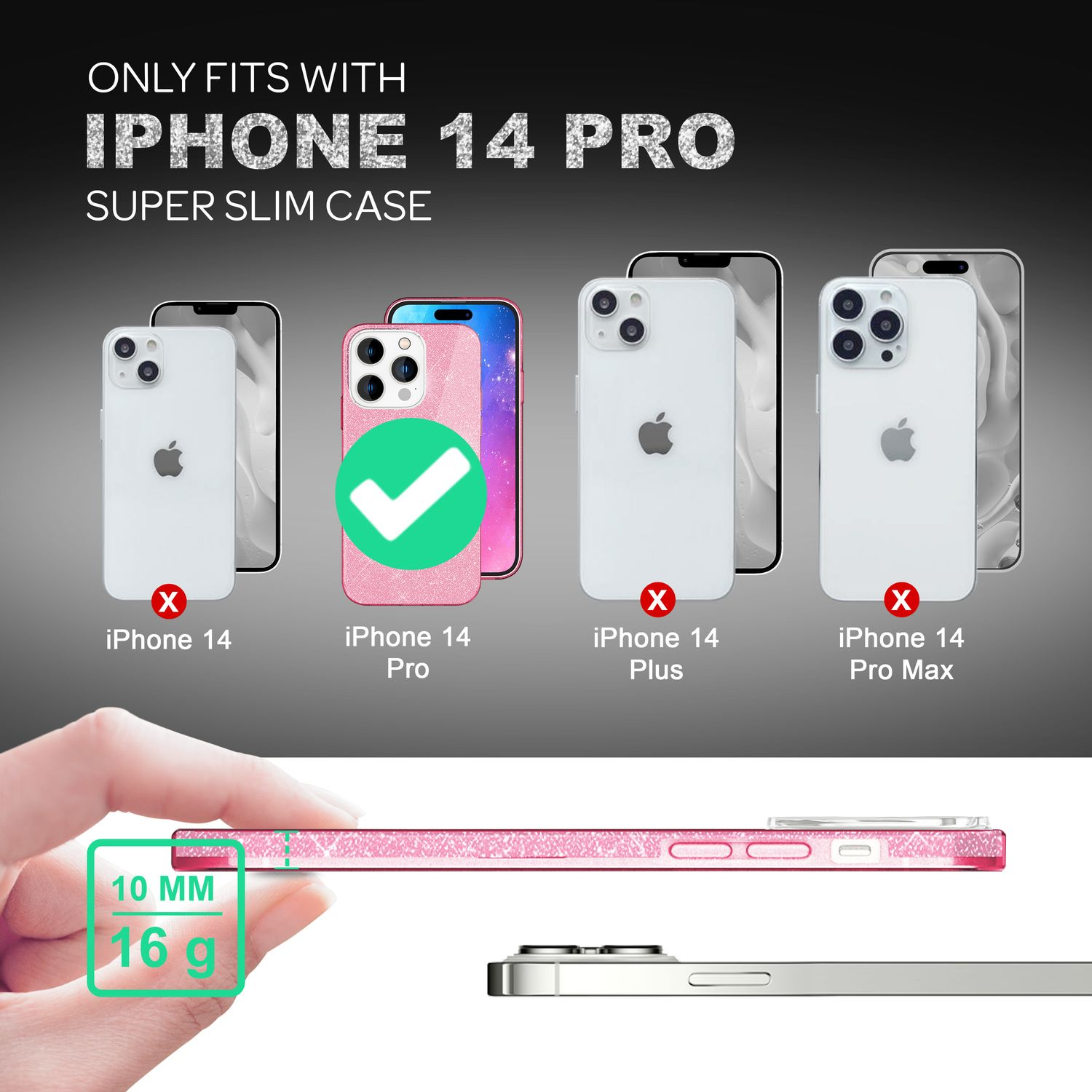 Una funda rosa para iPhone 14 Pro con una marca de verificación verde, mostrada con otros teléfonos y dimensiones.