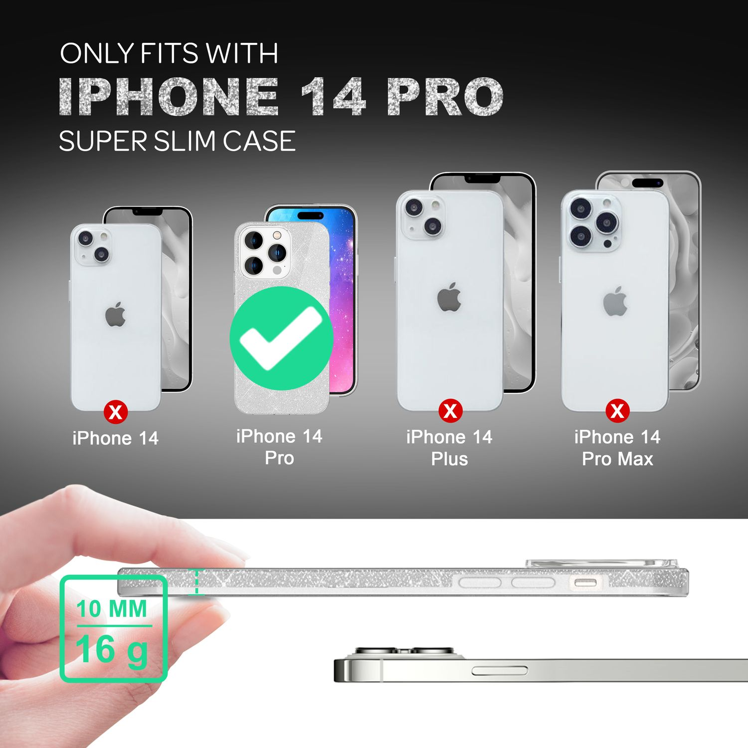 Múltiples modelos de iPhone 14 Pro con una funda para teléfono, mano sosteniendo la funda para mostrar dimensiones y peso.