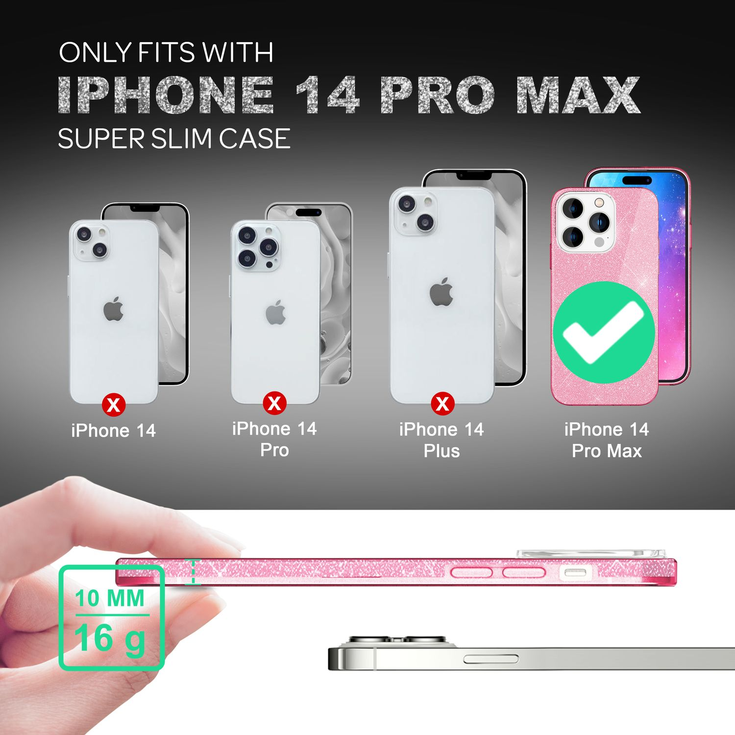 Fundas para teléfonos. Muestra la compatibilidad con el iPhone 14 Pro Max. Otros iPhones tachados.