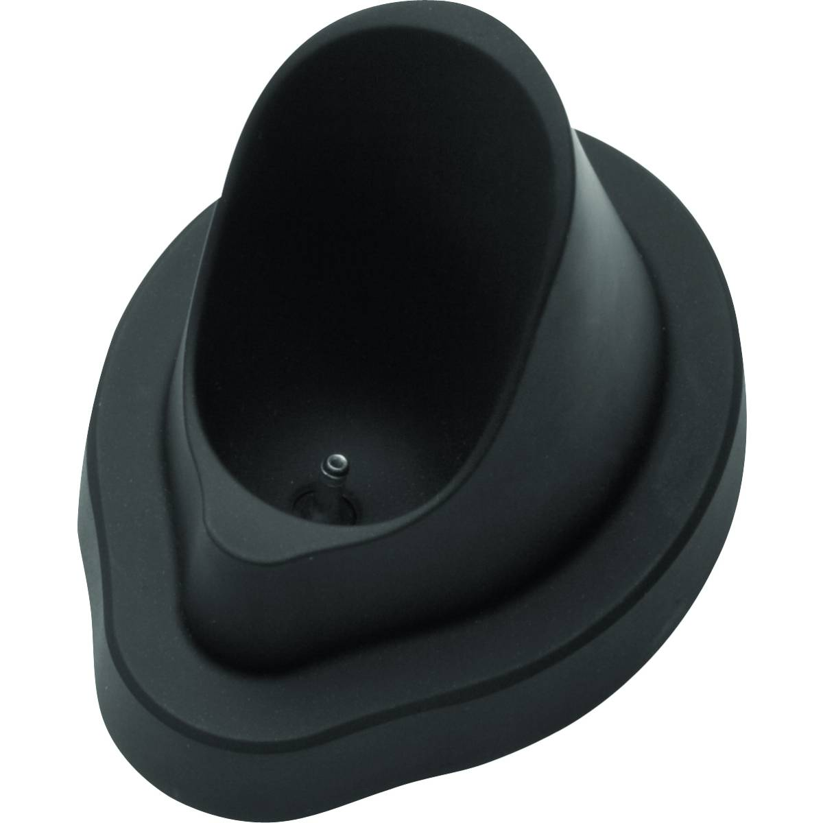 Czarna podstawa ładująca z zakrzywioną kołyską. Czarne tło.