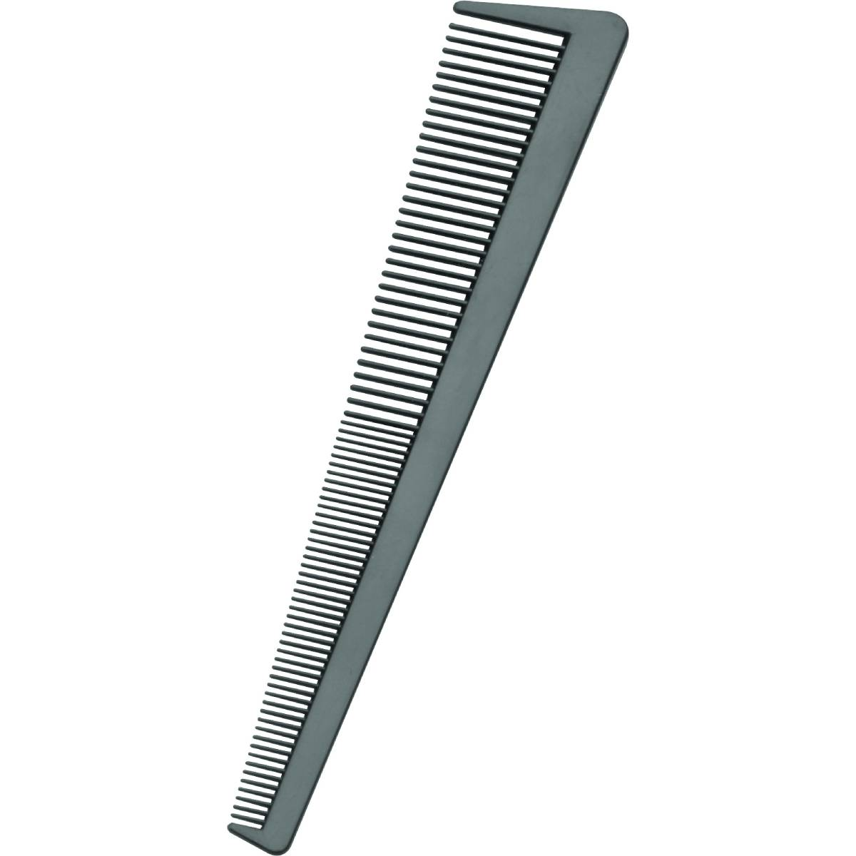 Szary grzebień z drobnymi zębami, ustawiony po przekątnej na białym tle.
