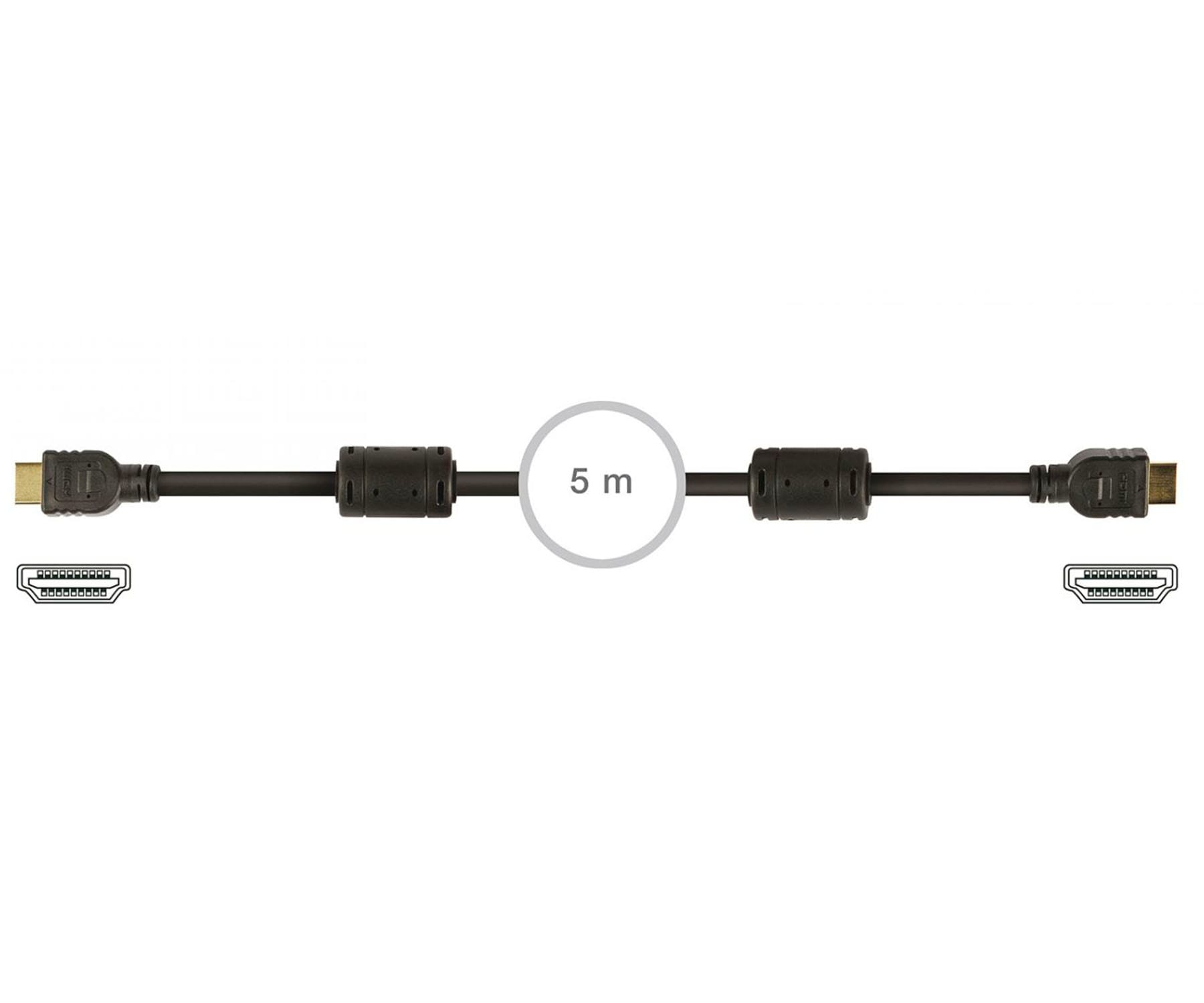 Cable HDMI negro con conectores en ambos extremos. Una etiqueta en el medio dice 5 m.
