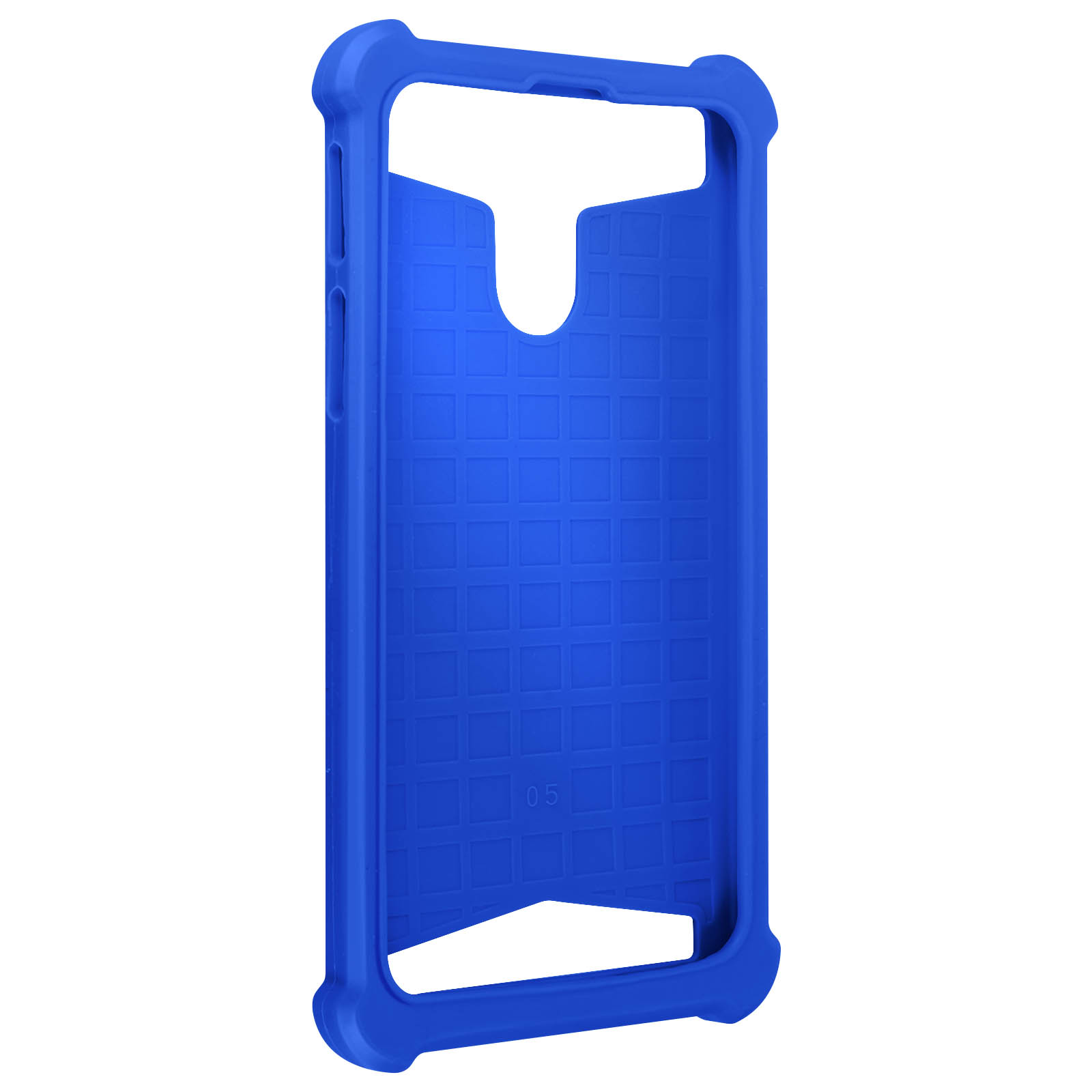 Custodia blu per telefono. Ha un motivo quadrato e un ritaglio per la fotocamera.