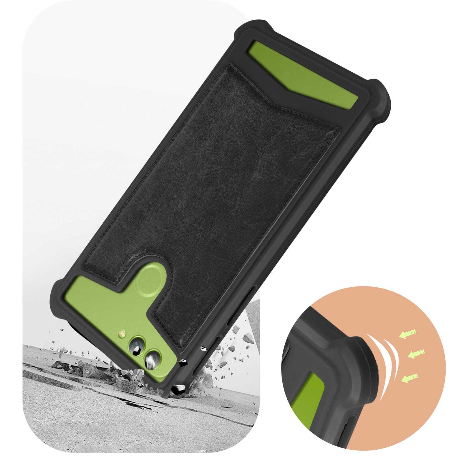 Una custodia per telefono con uno slot per schede in similpelle nera. Un telefono verde è all'interno.