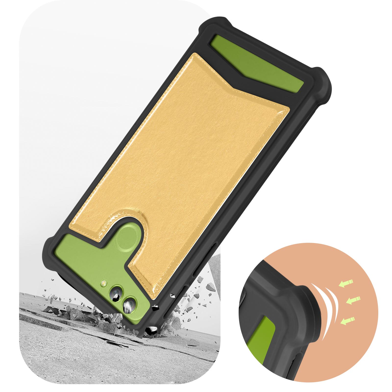 Custodia per telefono con un design nero e verde. La custodia è mostrata mentre cade. È presente uno sfondo beige.