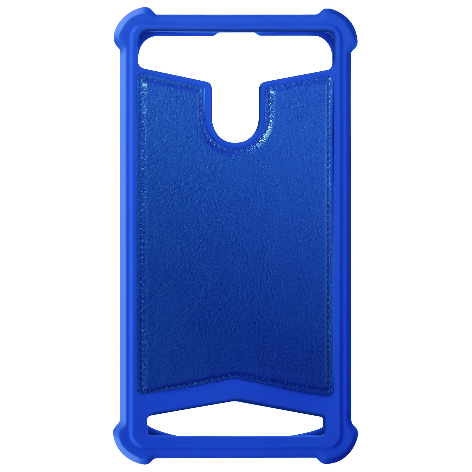 Custodia blu per telefono con intaglio per fotocamera e tasca sul retro.