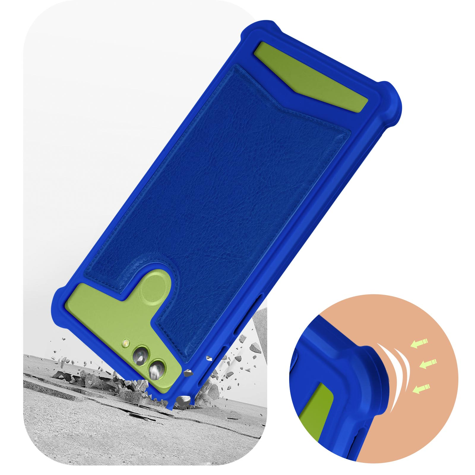 Custodia per telefono blu e verde con ritaglio per la fotocamera, vicino a una superficie incrinata.