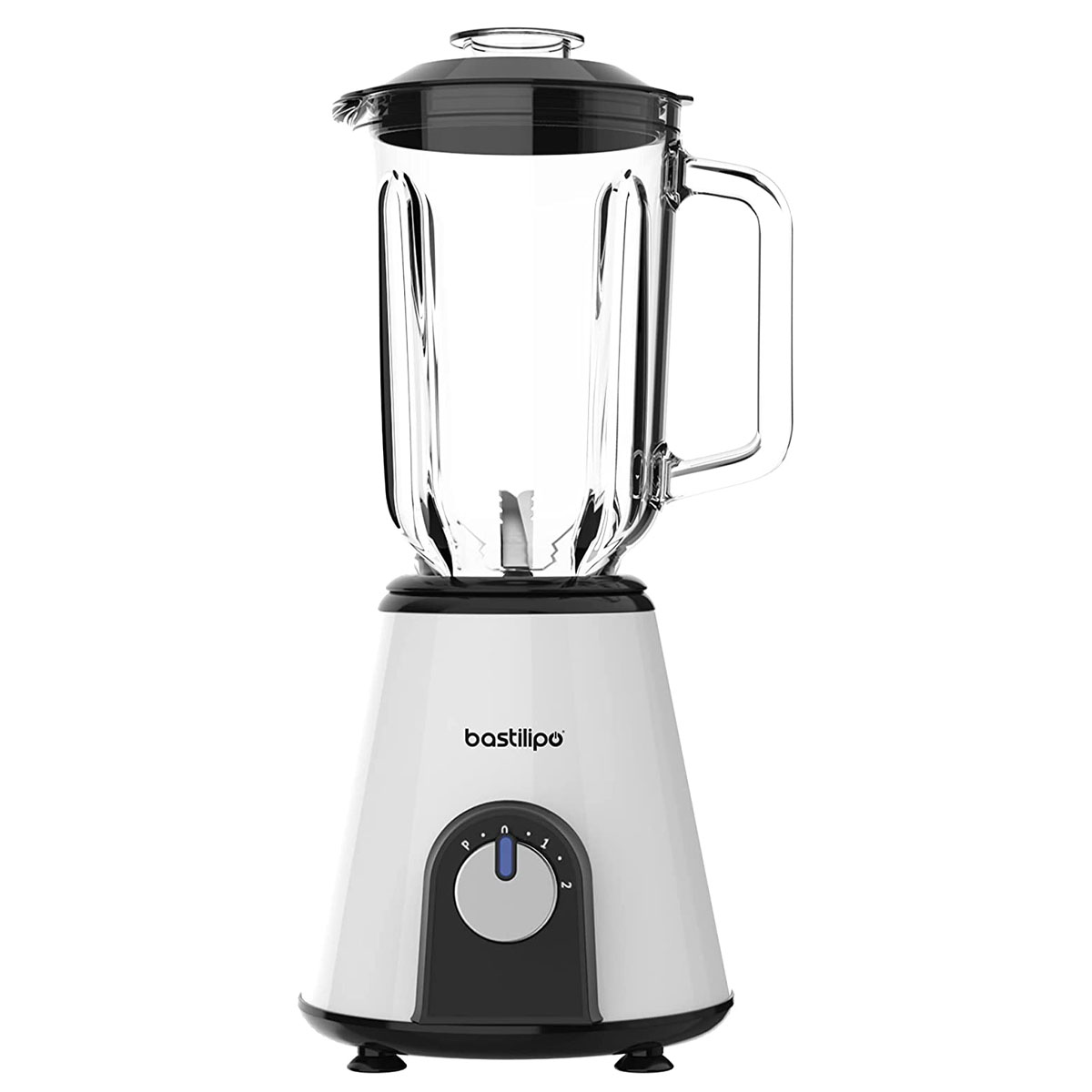 Weißer und schwarzer Mixer, Glasbehälter, auf weißem Hintergrund.
