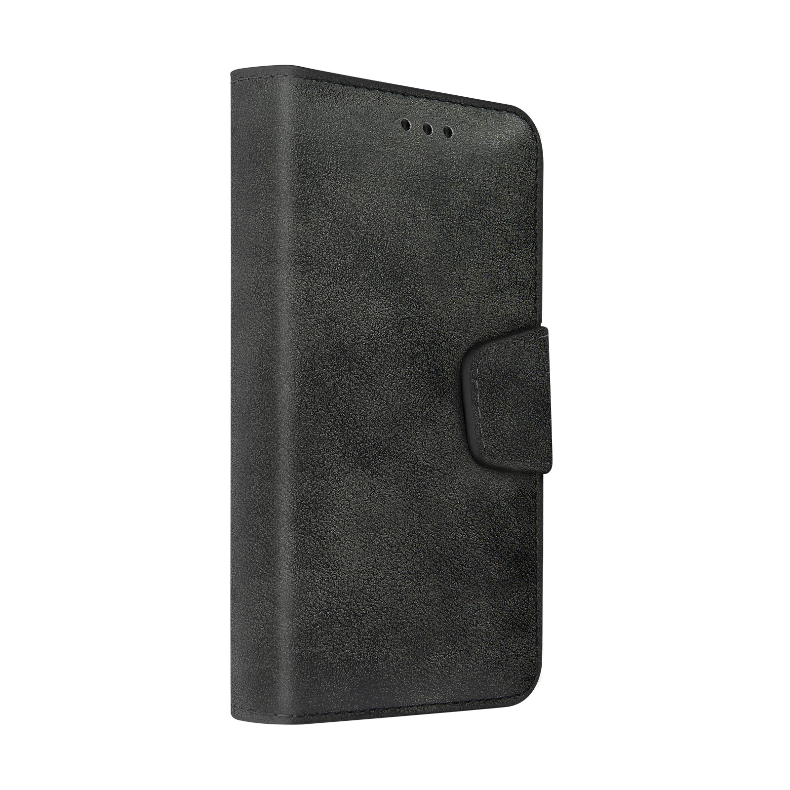 Una custodia per telefono in pelle nera, chiusa, con chiusura magnetica, su sfondo bianco.