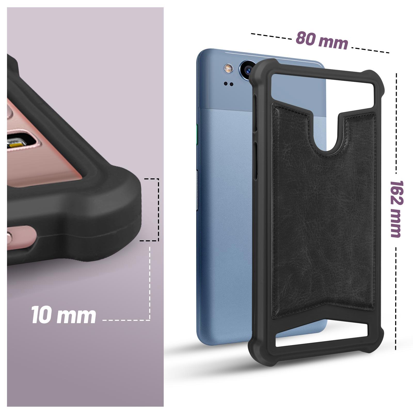 Custodia per telefono nera e grigia con un telefono all'interno, con dimensioni indicate.