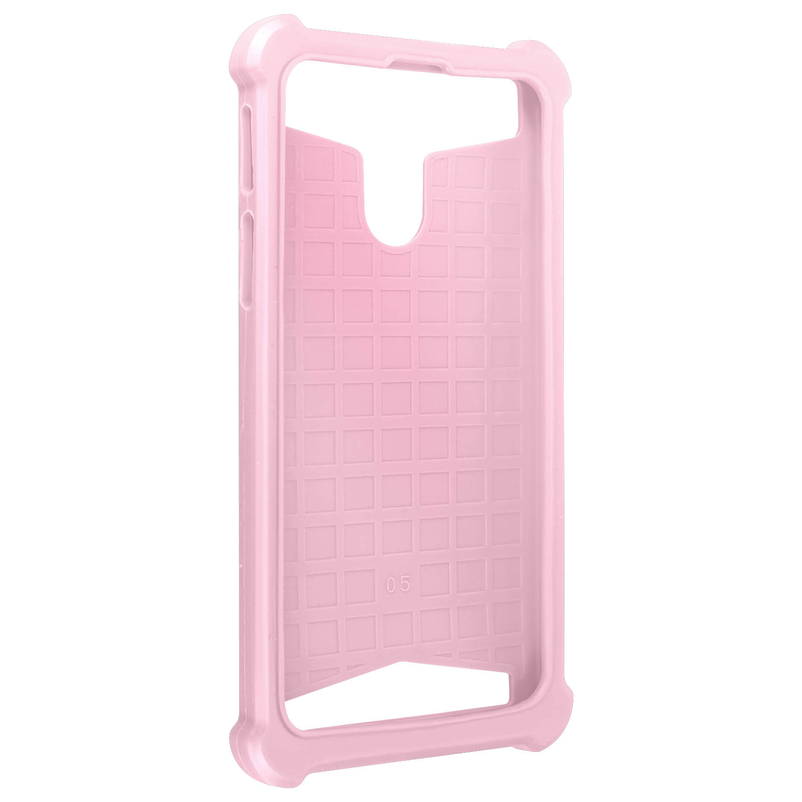 Una custodia rosa per telefono, interno a griglia e cornice protettiva.