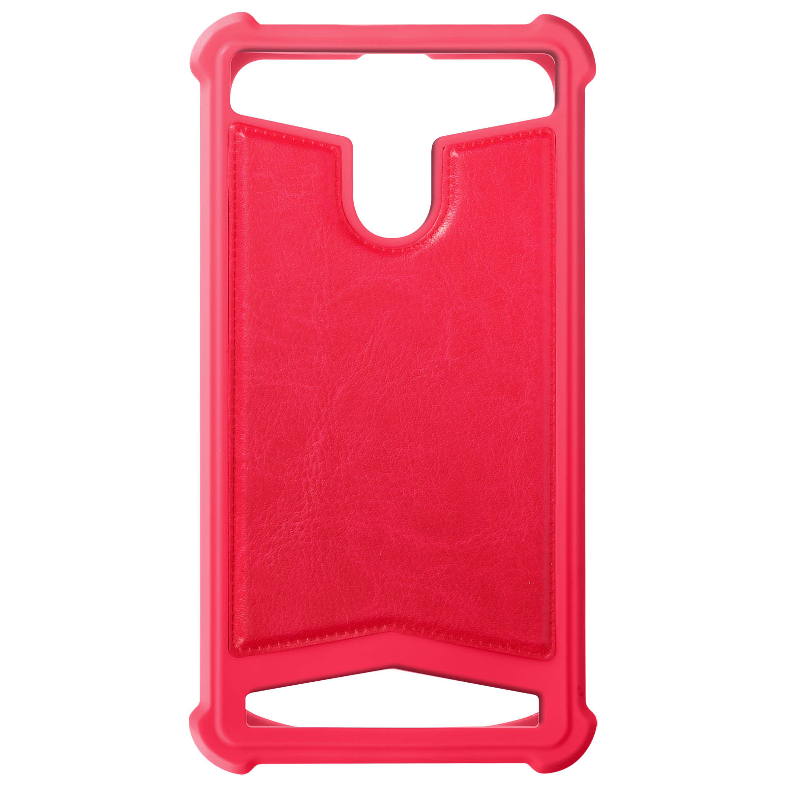 Una custodia per telefono rossa con uno scomparto per carte. Lo scomparto è sul retro e curvo.