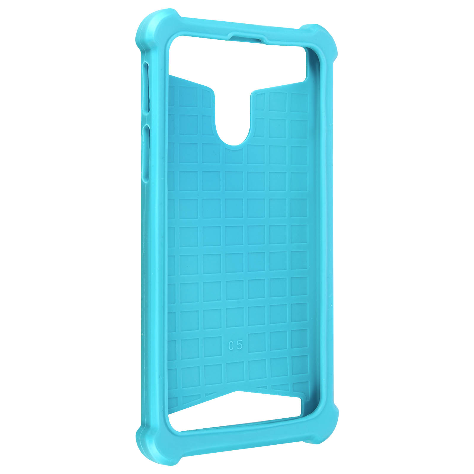Custodia per telefono blu. Vista interna. Design a motivo quadrato. Design resistente e protettivo per un telefono.