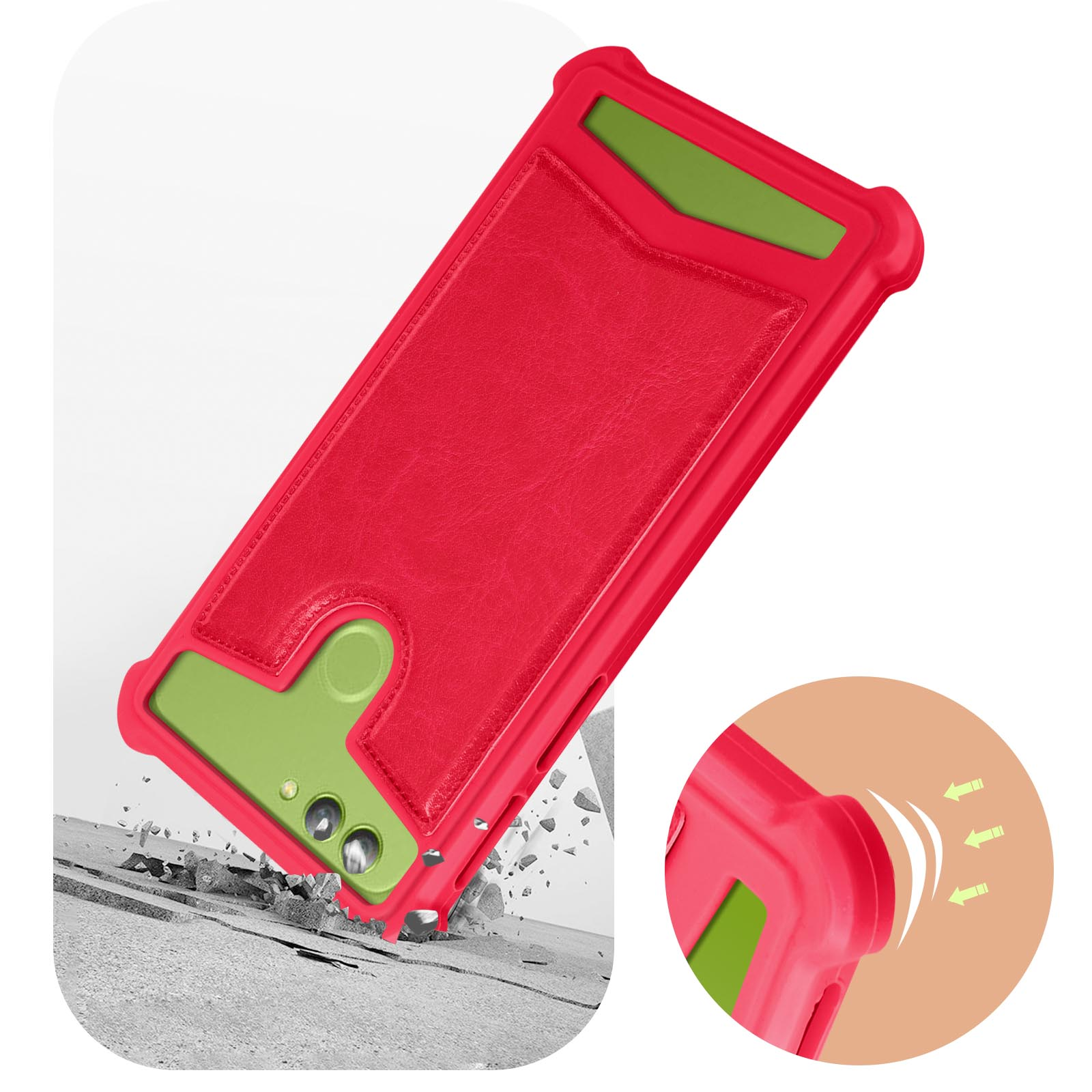 Custodia per telefono rossa con fessura per carte, su una superficie.