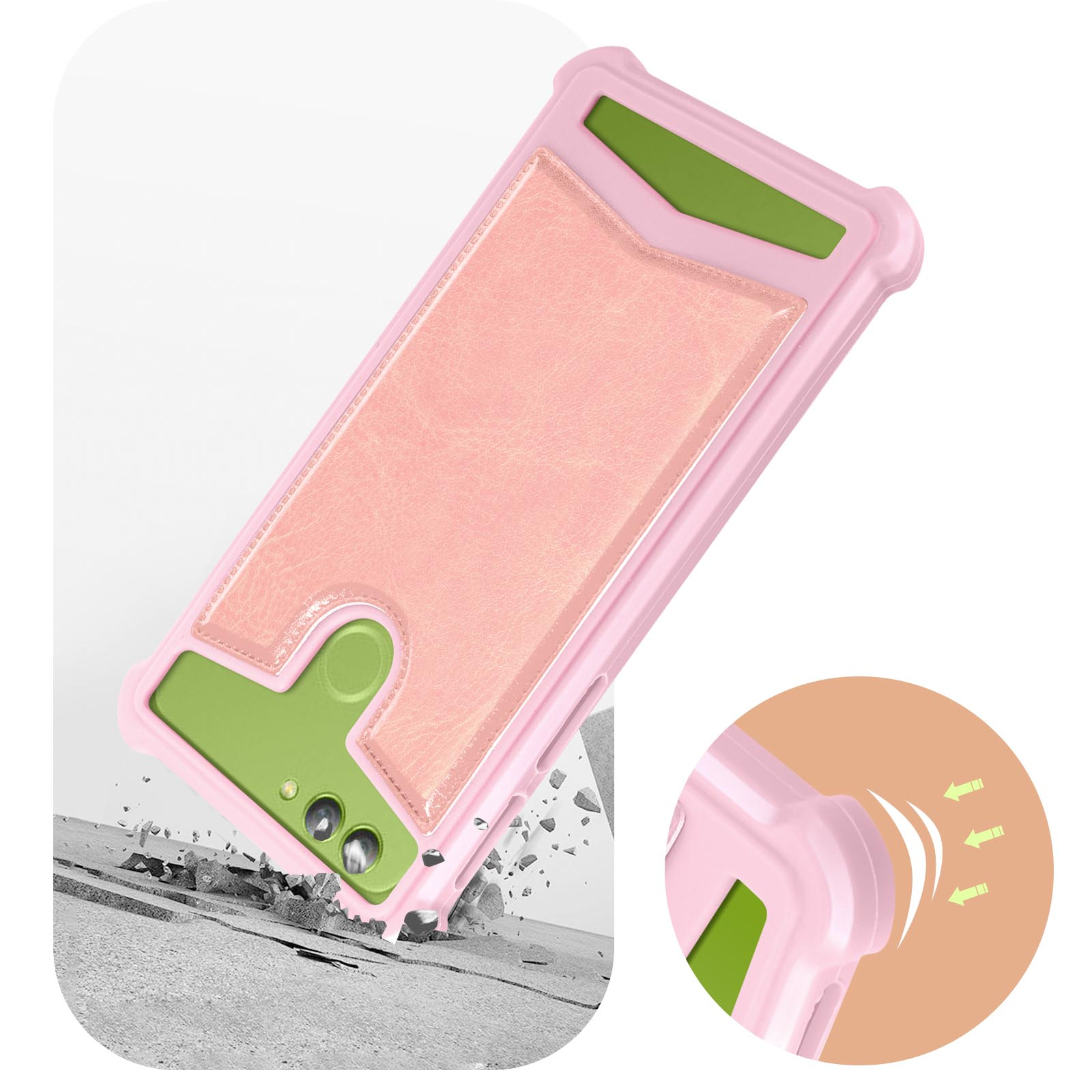 Custodia rosa e verde per telefono con slot per schede, che cade con un'illustrazione di impatto.