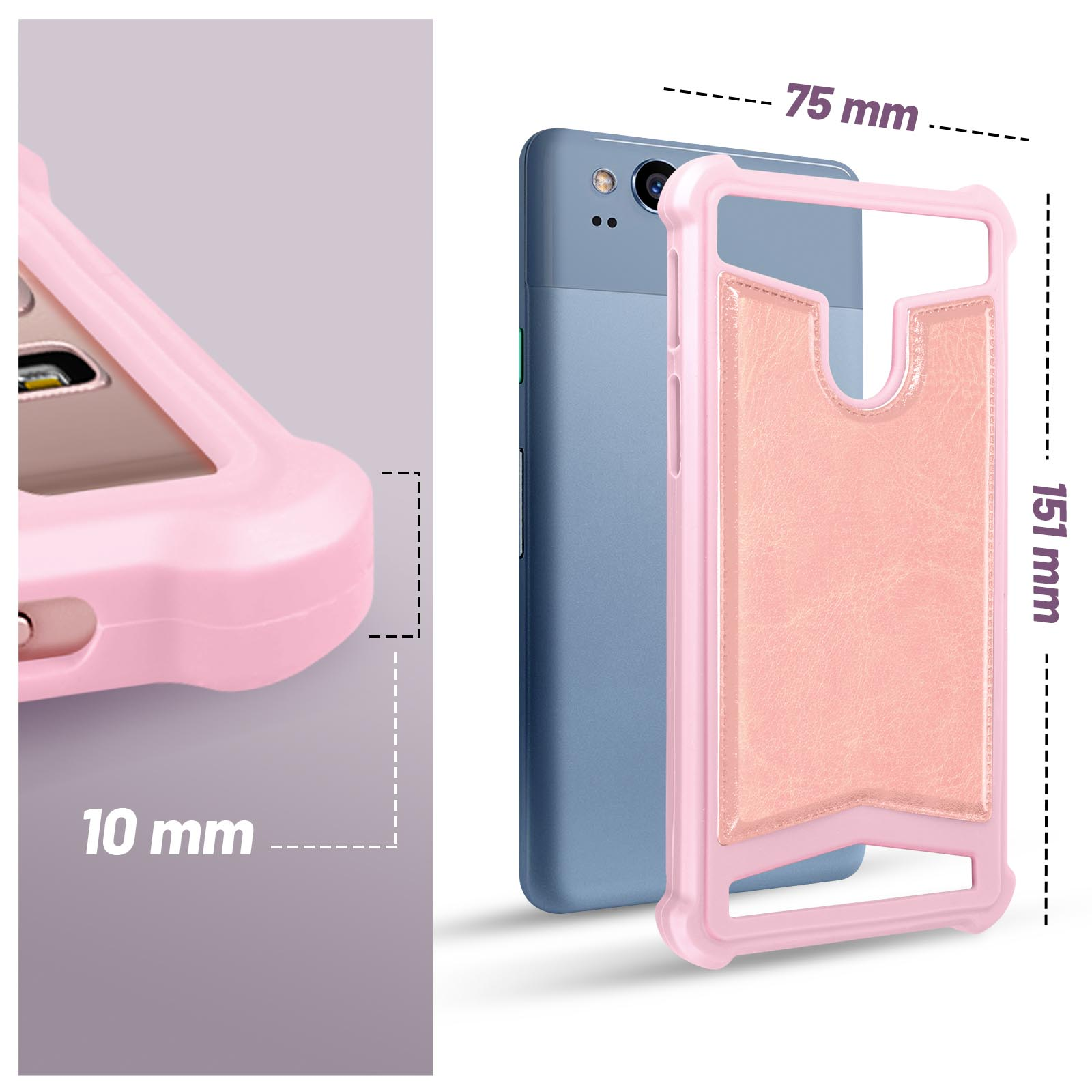 Una custodia rosa per telefono con slot per schede. Lo sfondo è un telefono blu.