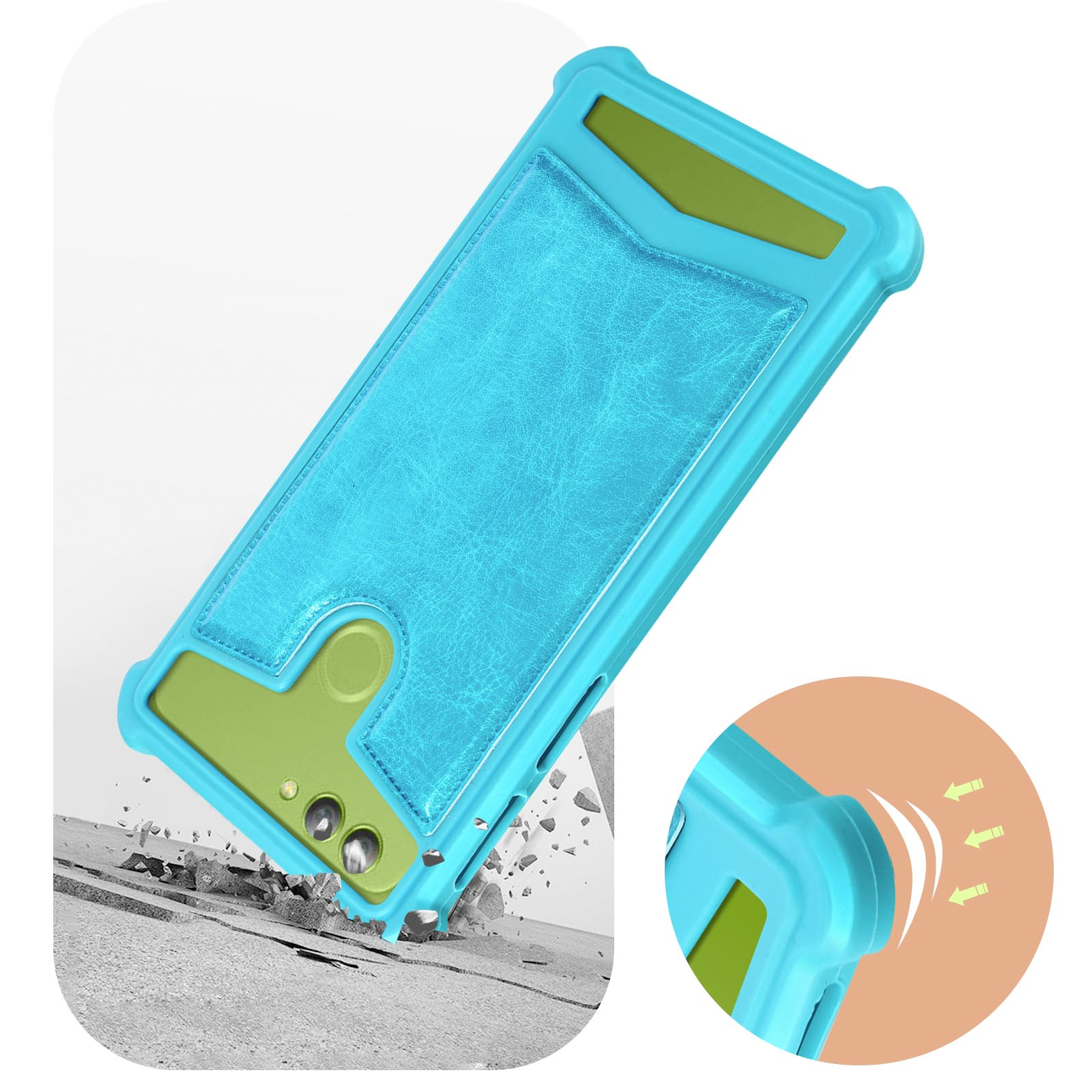 Custodia per telefono blu e verde con fessura per schede, su cemento.