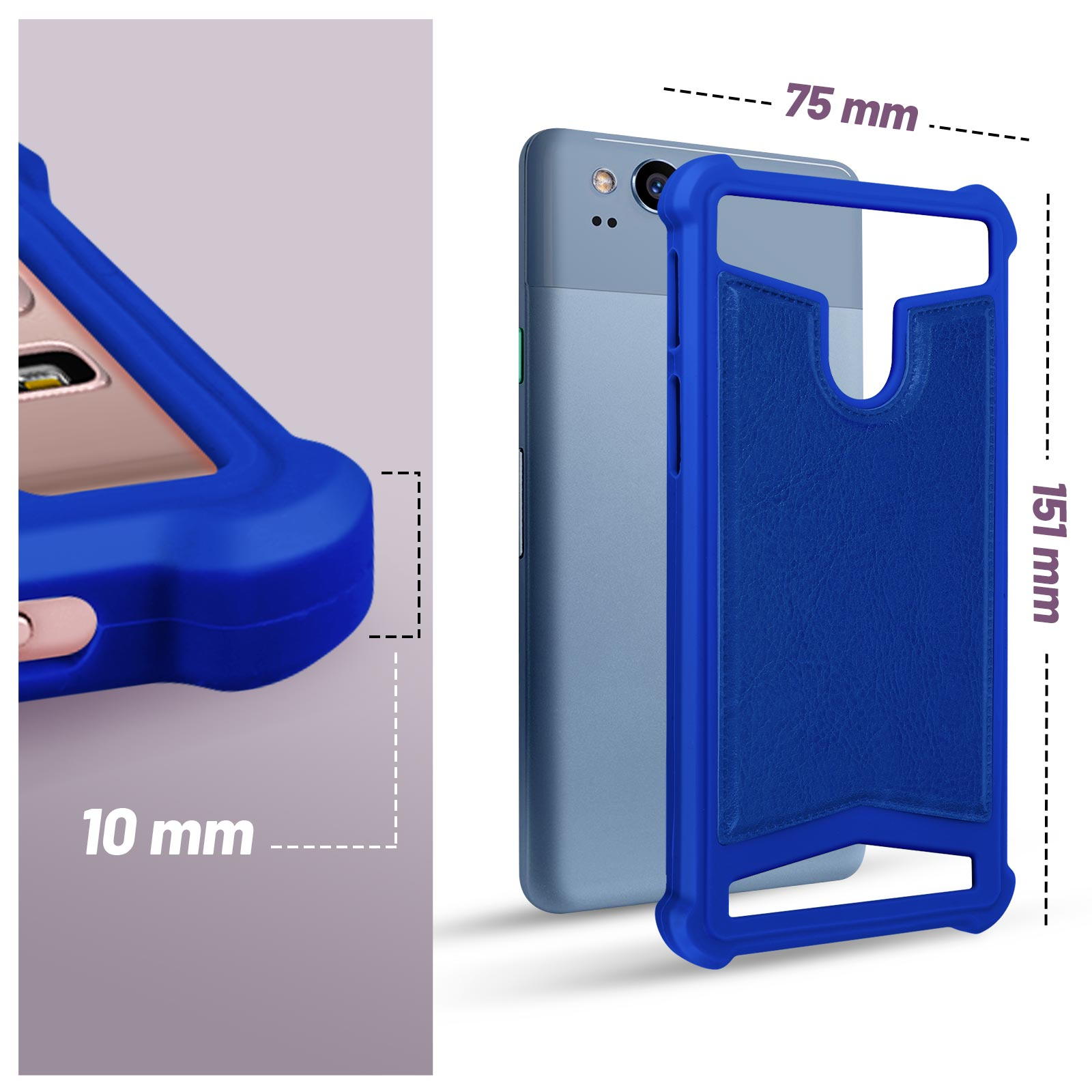 Custodia blu per telefono, con dimensioni. Presenta una sezione simile alla pelle e una cornice protettiva.