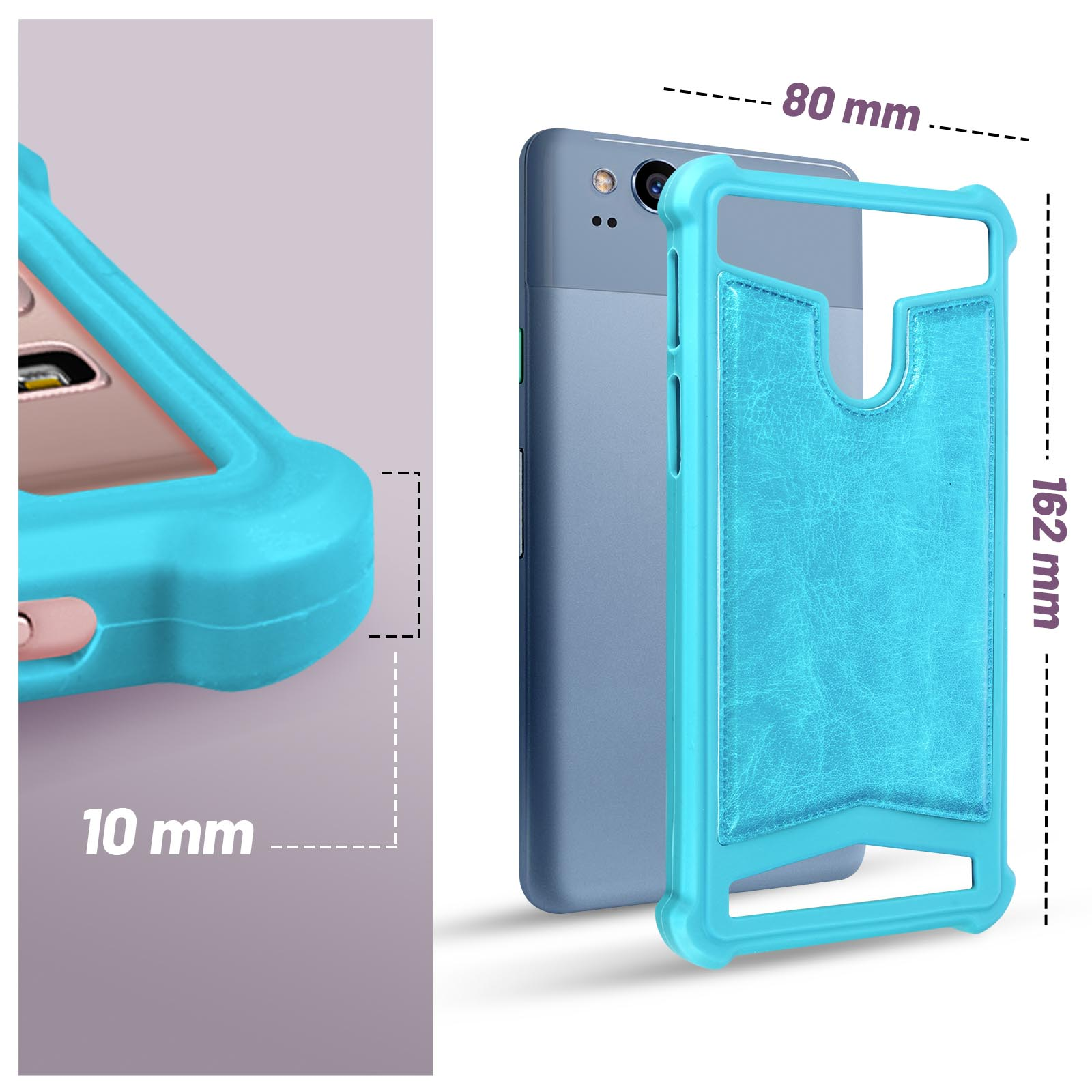 Una custodia blu per telefono con scomparto per carte e telefono accanto, su sfondo bianco.