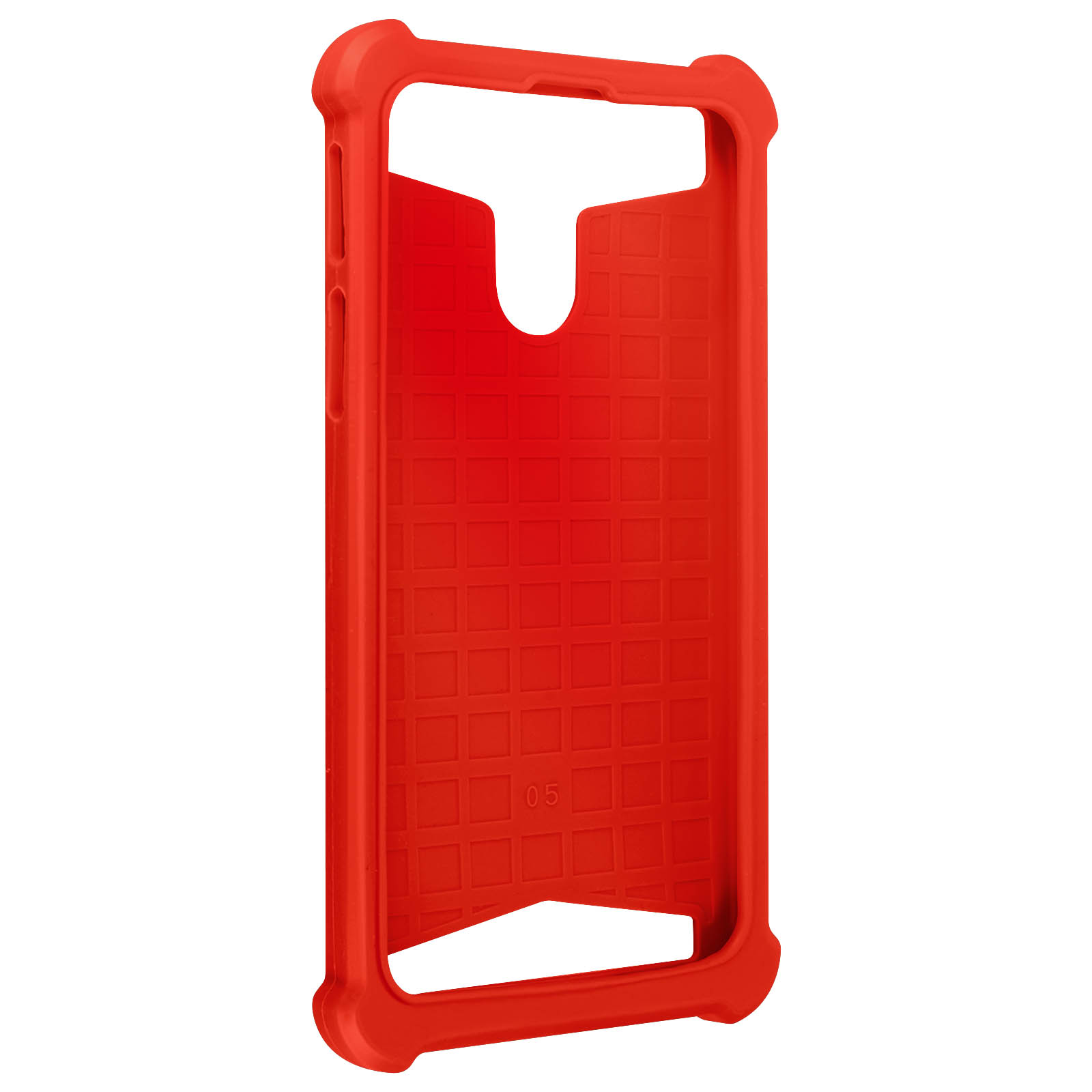 Custodia rossa per telefono con interno strutturato. Ha un ritaglio per la fotocamera e i pulsanti del telefono.