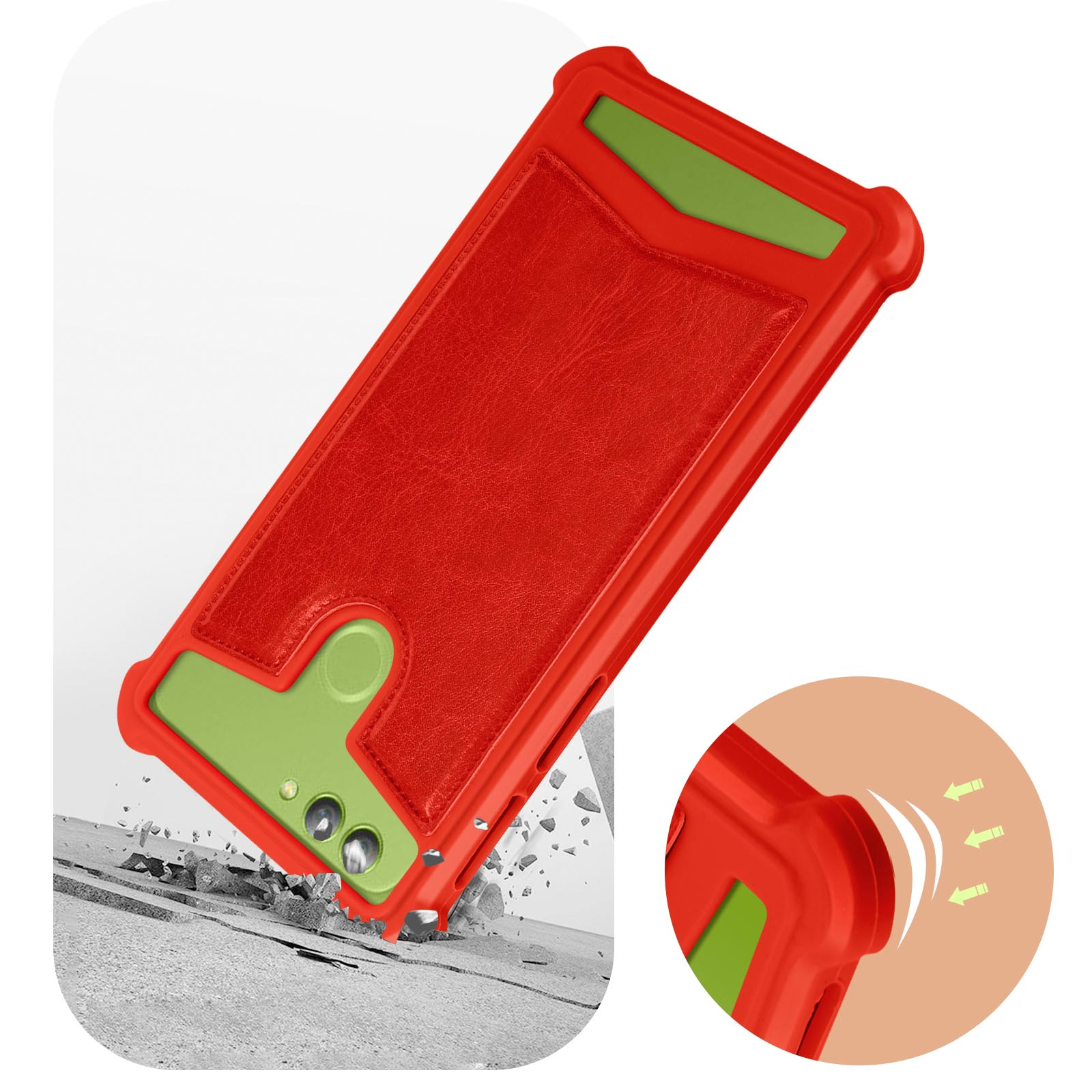 Una custodia rossa per telefono con interno verde, che cade su una superficie grigia, con un primo piano.