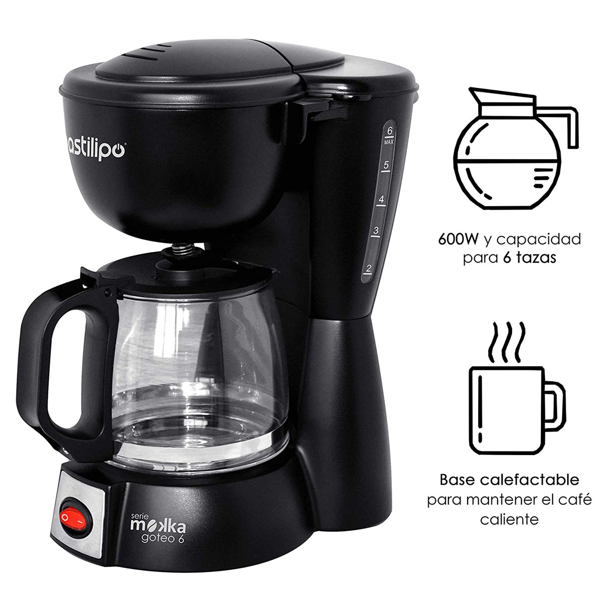 Caffettiera nera con caraffa in vetro, pannello di controllo e diagramma con testo in spagnolo.