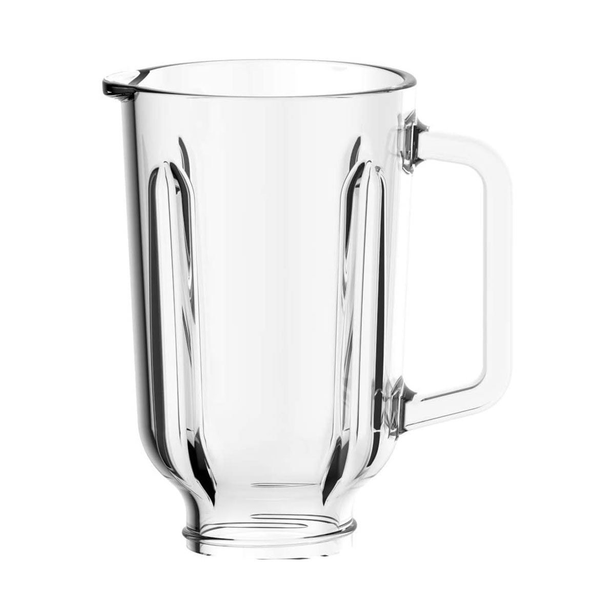 Un vaso de licuadora de vidrio transparente con asa.