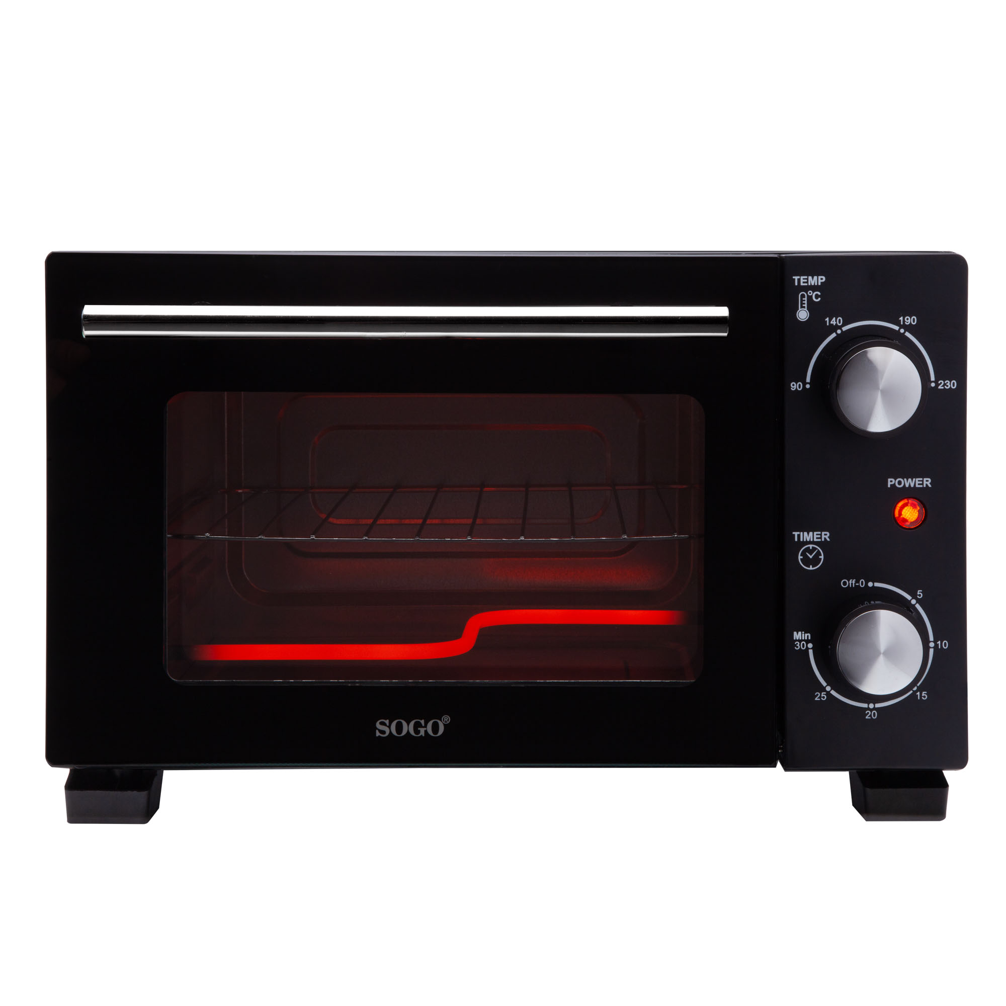 Un mini-forno nero con quadranti per la temperatura e il timer e un elemento riscaldante rosso visibile all'interno.