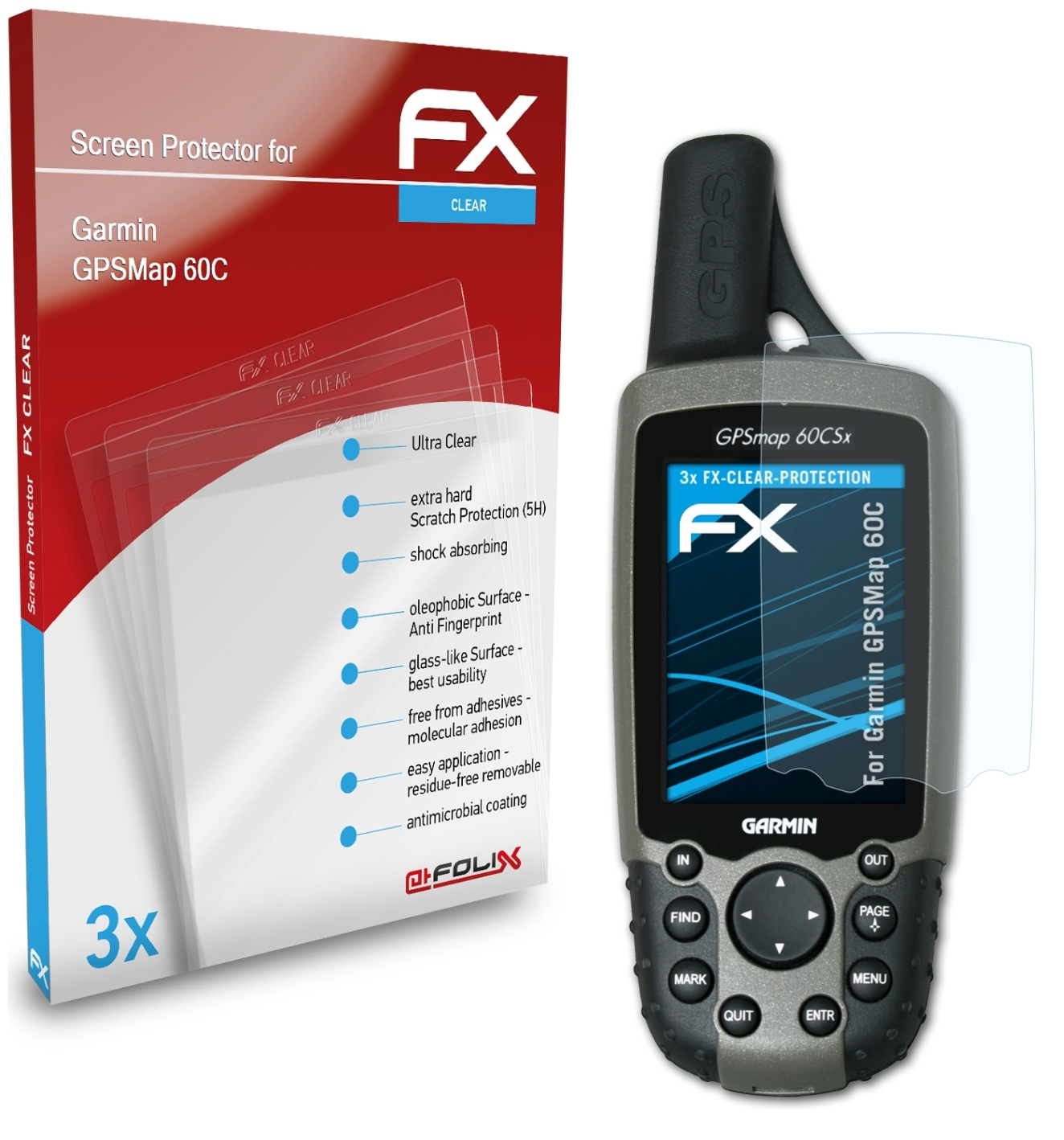 GPSMap 60C) Displayschutz(für ATFOLIX 3x Garmin FX-Clear