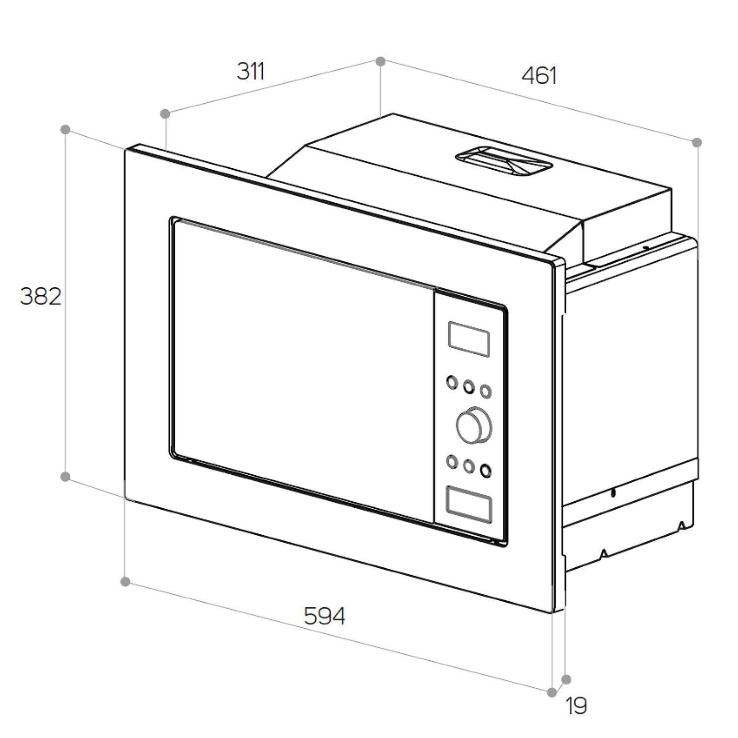 Diagrama de horno microondas con dimensiones, fondo blanco.