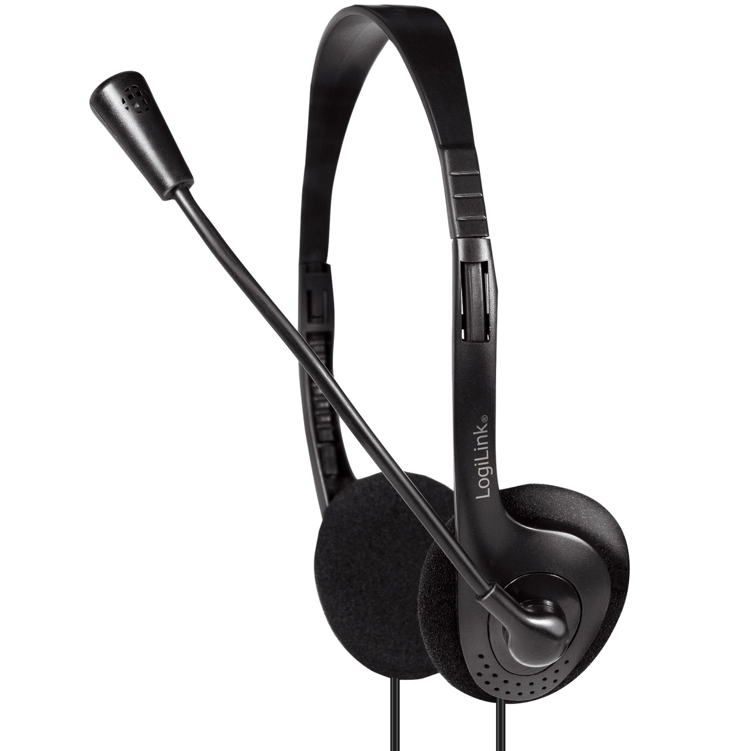 Casque noir avec un microphone s'étendant de l'écouteur gauche, sur fond blanc.