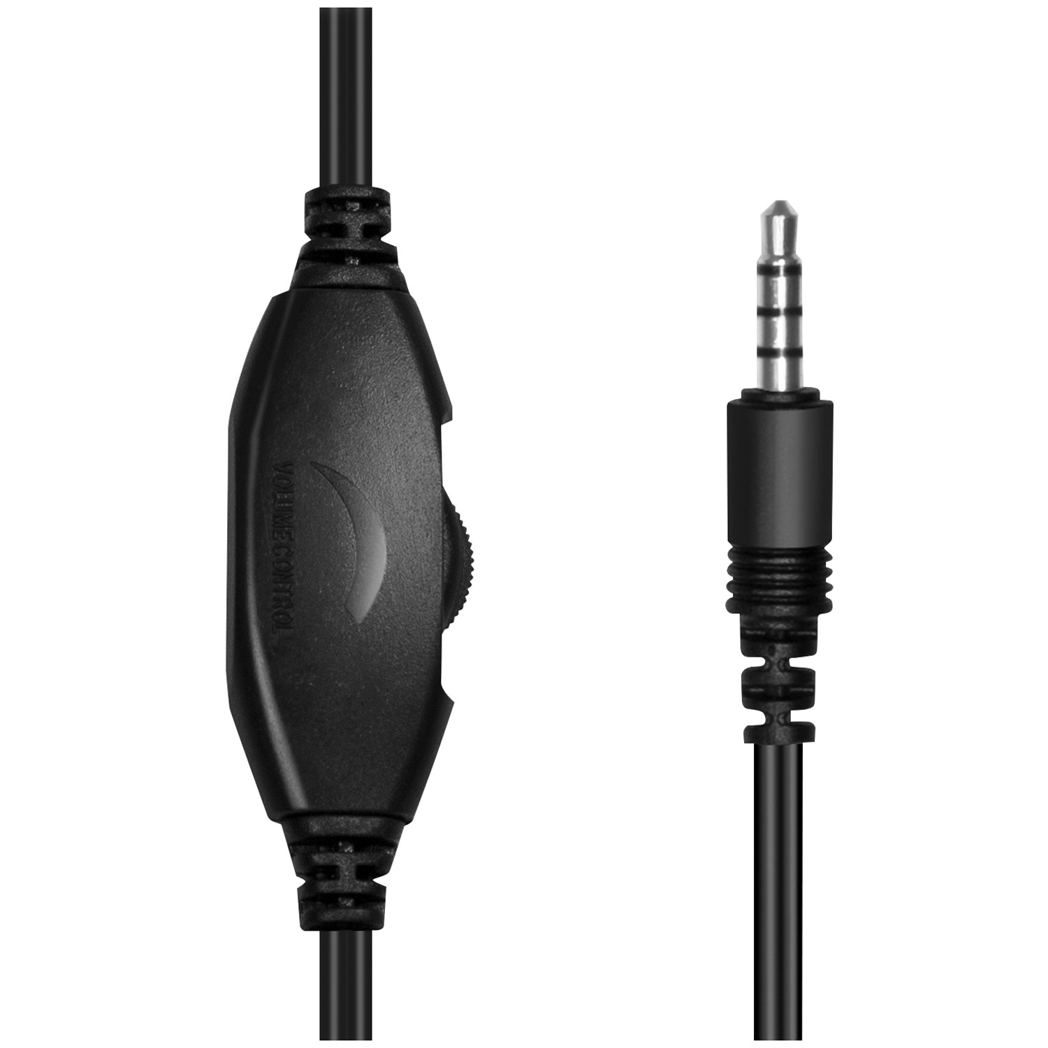Câble audio noir avec contrôle du volume et prise jack 3,5 mm.