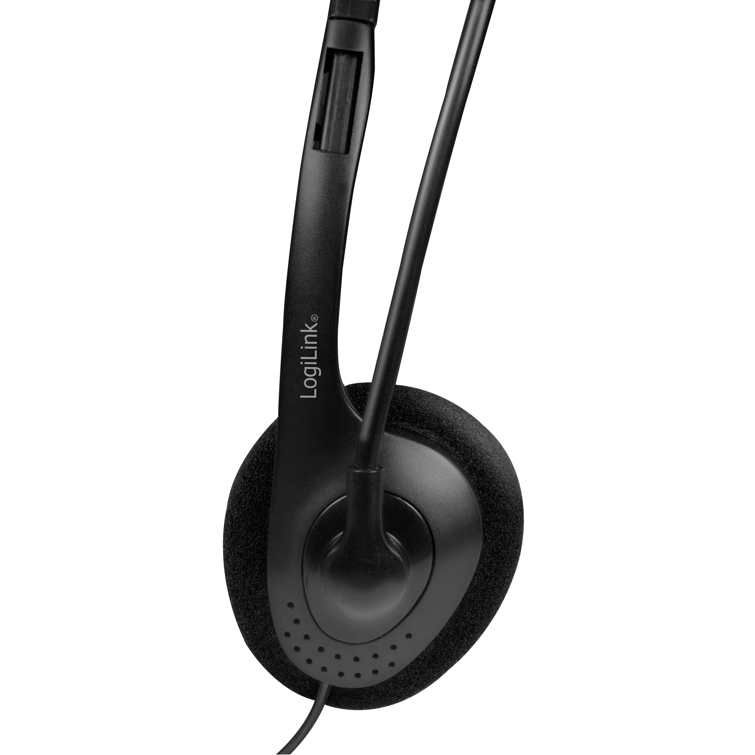 Un casque noir avec microphone sur fond blanc.