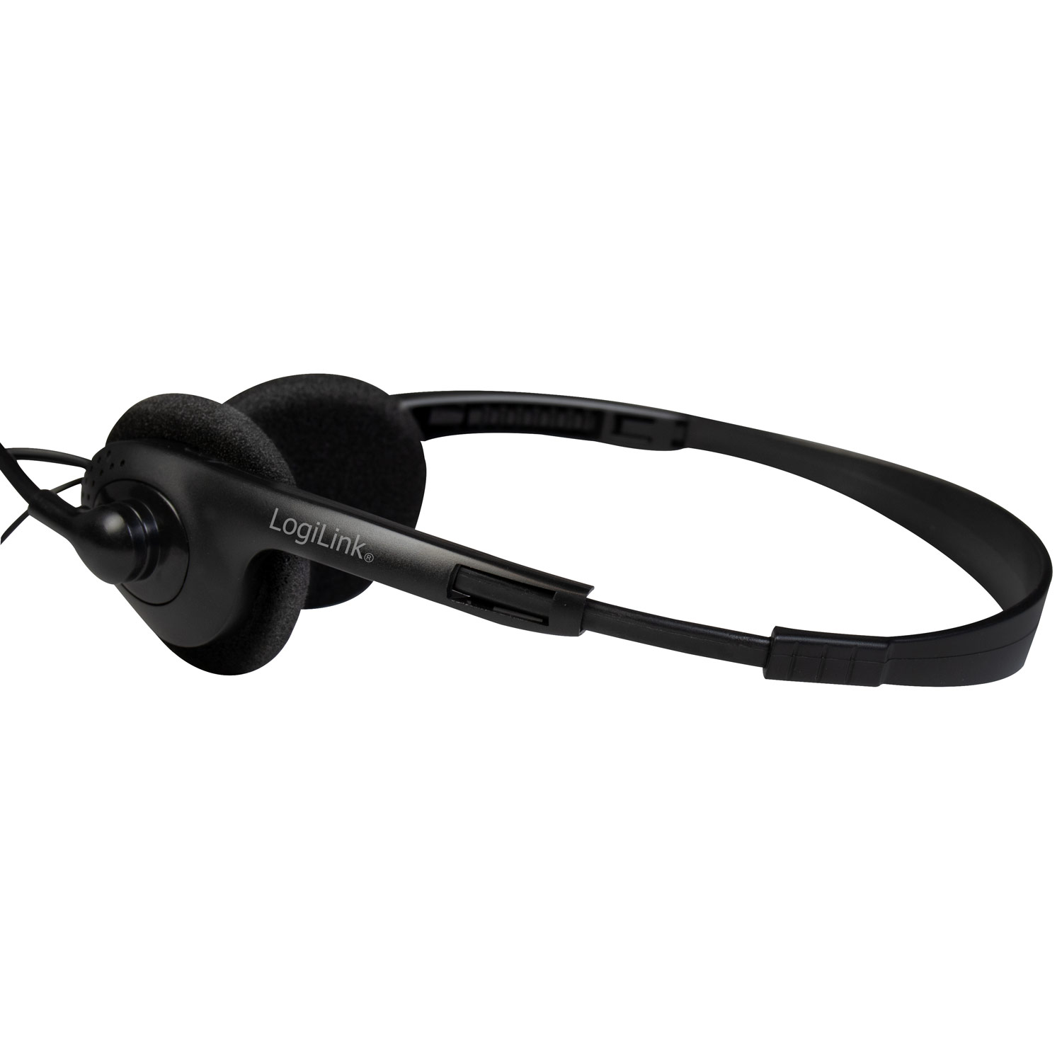 Casque noir avec texte LogiLink. Coussinets en mousse noirs et bandeau noir.