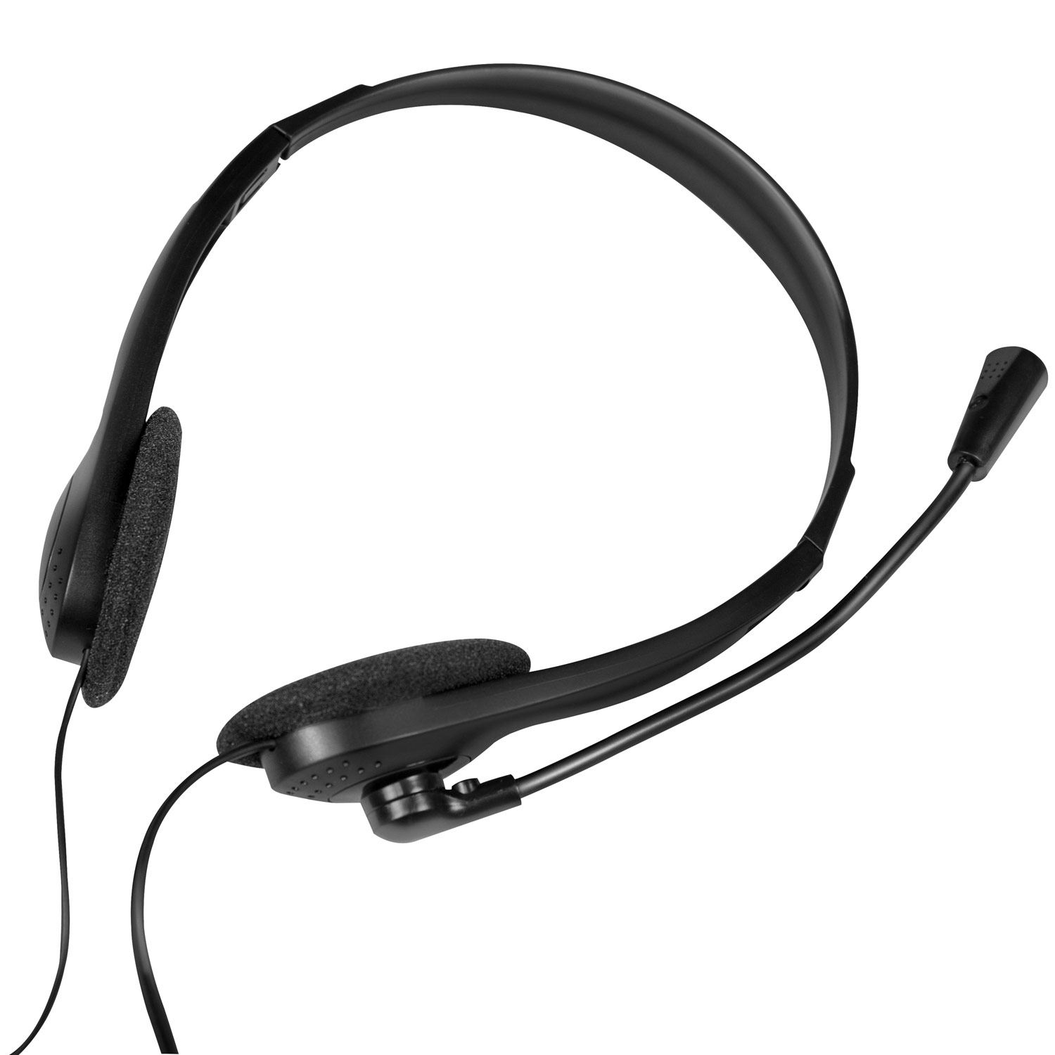 Casque noir avec microphone. Le casque est sur fond blanc.