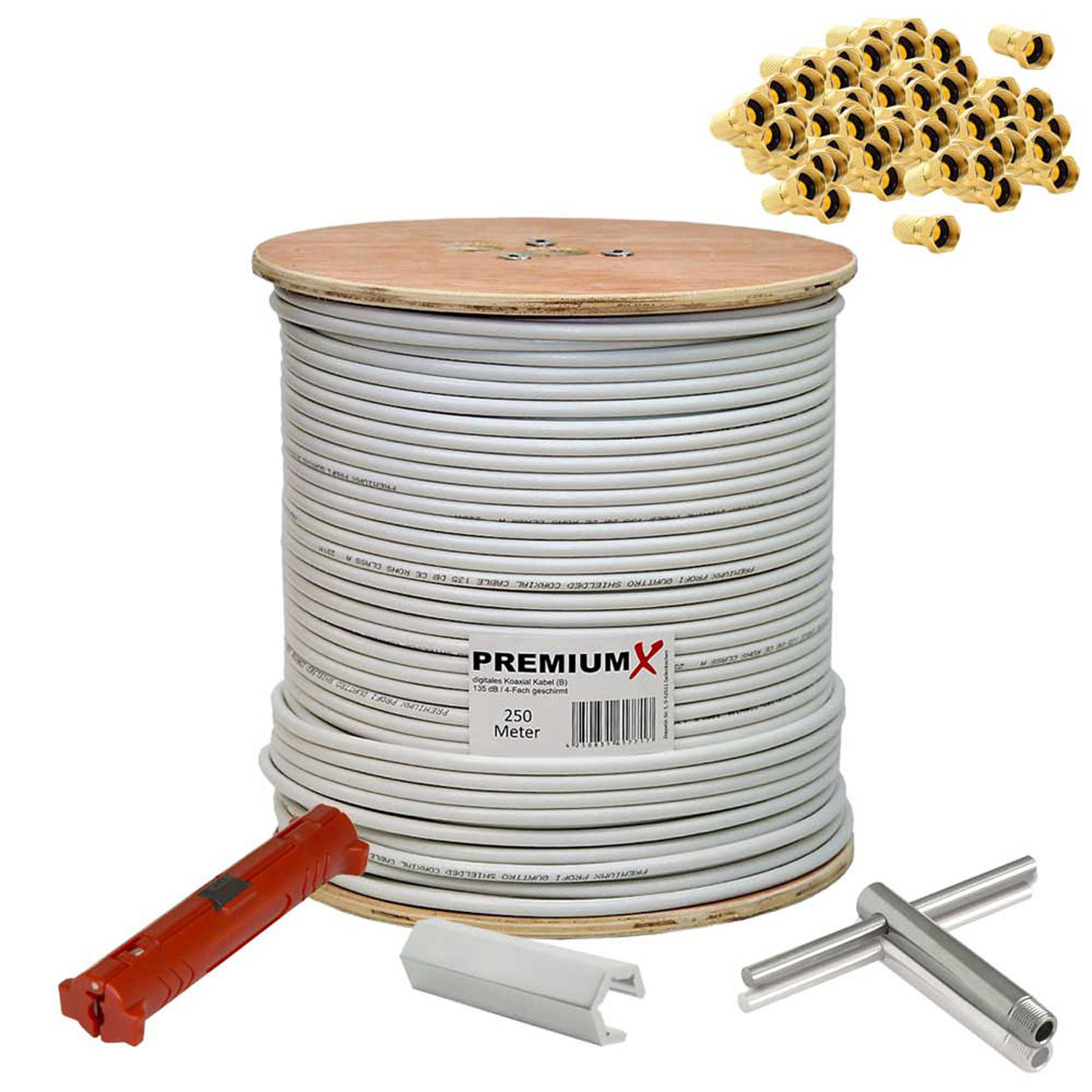 PREMIUMX 250m BASIC Koaxialkabel 135dB Antennenkabel 4-fach Montage Koax SAT Set Kabel