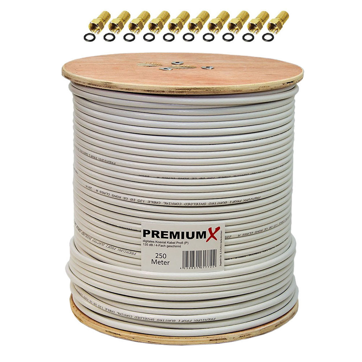 PREMIUMX PROFI 250 dB Antennenkabel 4-Fach Antennenkabel reines Koaxialkabel 10x 135 Kupfer m F-Stecker Koaxkabel