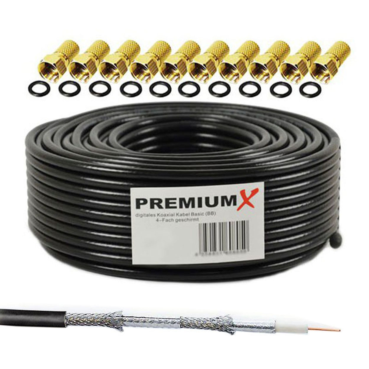 PREMIUMX 25m BASIC Koaxialkabel 135dB F-Stecker 4-fach schwarz Kabel 10x SAT Antennenkabel