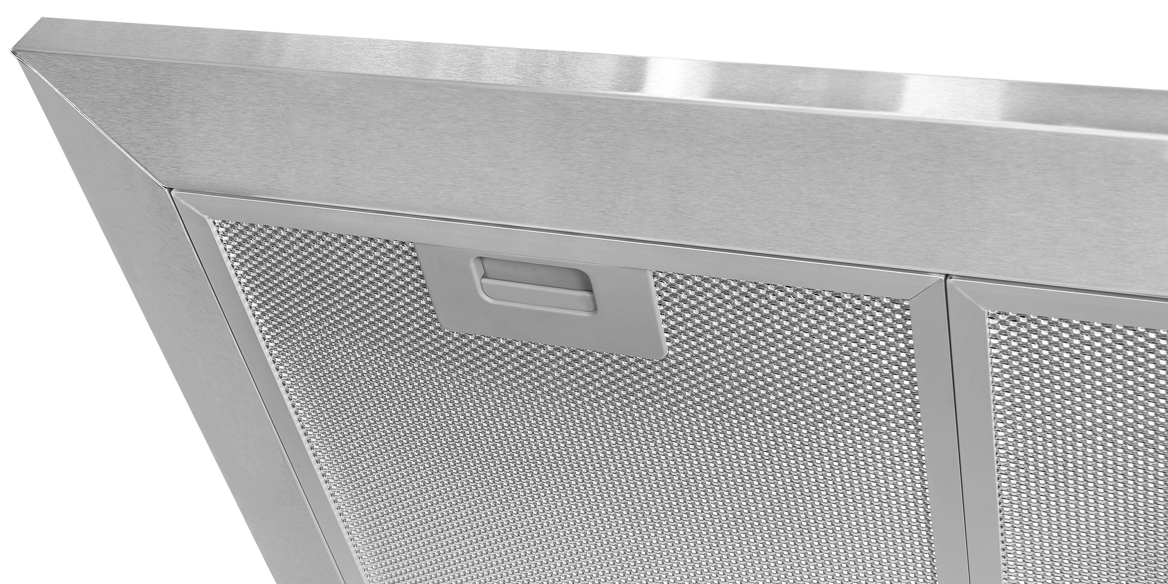 Nahaufnahme einer metallischen Dunstabzugshaube mit rechteckigem Design, Griff und Netz.