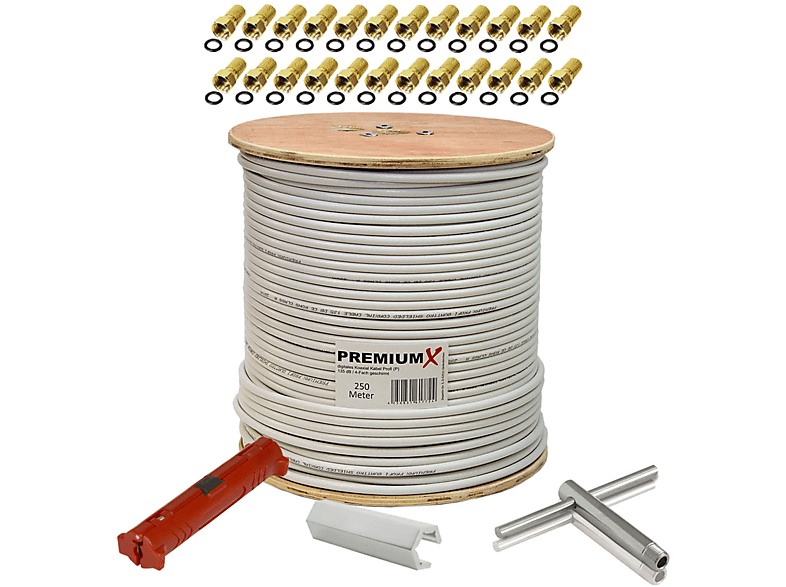 PREMIUMX 250m Montage-Set 24x Antennenkabel 4-fach Koaxialkabel F-Stecker PROFI SAT 135dB