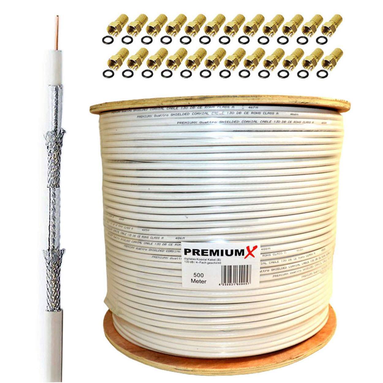 Koaxialkabel Koax BASIC Kabel 4-fach 500m F-Stecker SAT PREMIUMX 135dB Antennenkabel 24x
