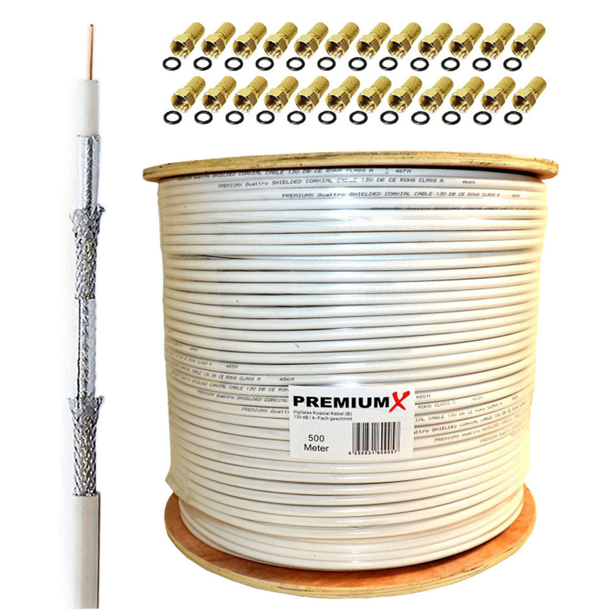 PREMIUMX Koaxialkabel F-Stecker 135dB 4-fach 24x 500m Koax SAT Antennenkabel BASIC Kabel