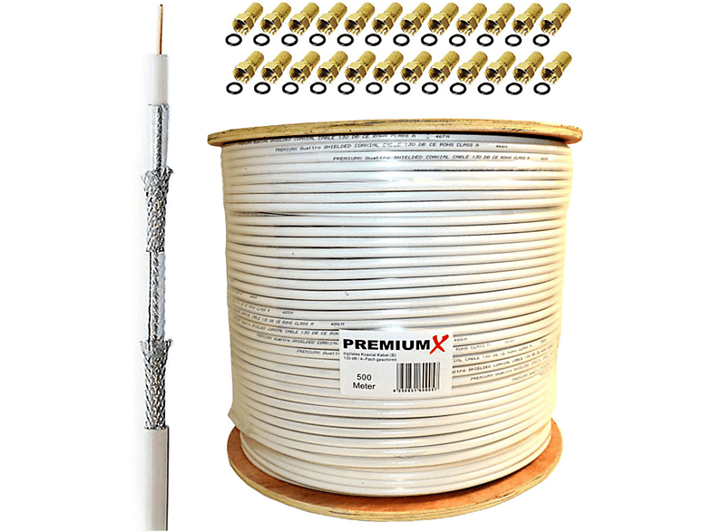 PREMIUMX 500m BASIC Koaxialkabel 135dB Antennenkabel F-Stecker SAT 4-fach Kabel Koax 24x